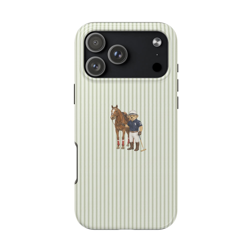 Light green striped phone case with horse and boy illustration, camera cutouts