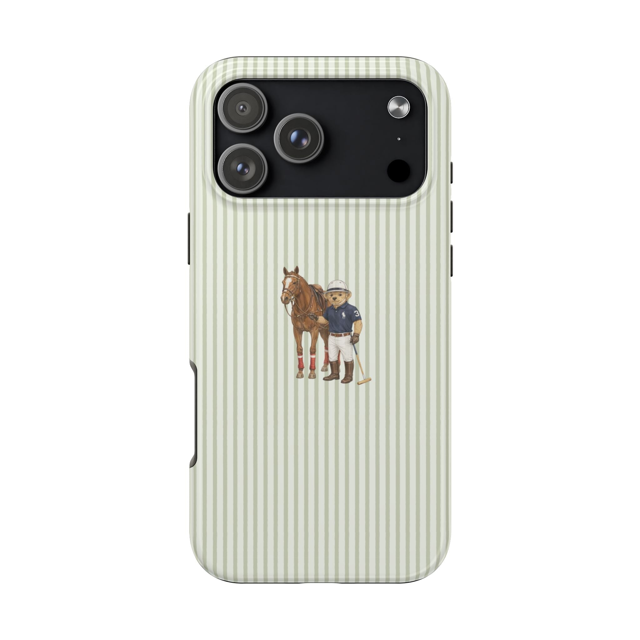Light green striped phone case with horse and boy illustration, camera cutouts