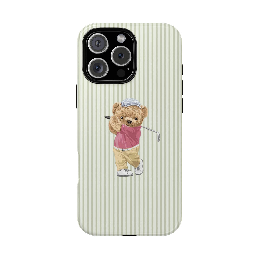 Green striped phone case with teddy bear golfer in pink shirt and beige shorts