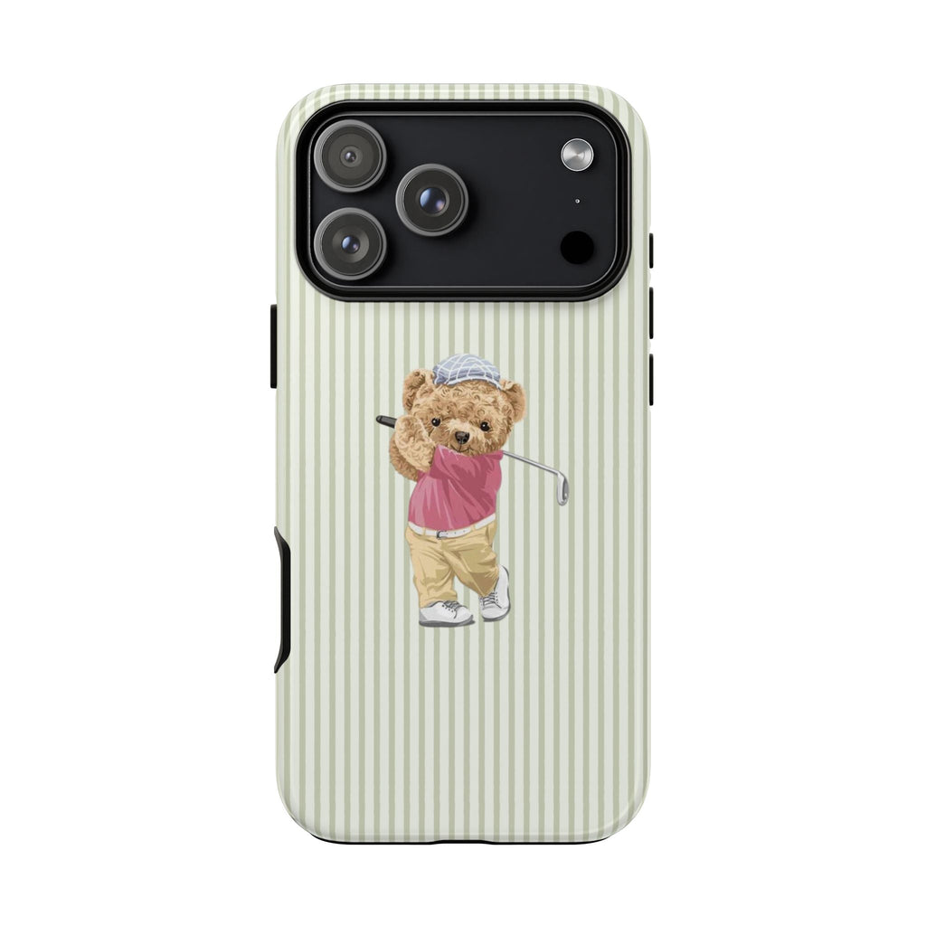 Light green striped phone case, teddy bear golfer with club near center