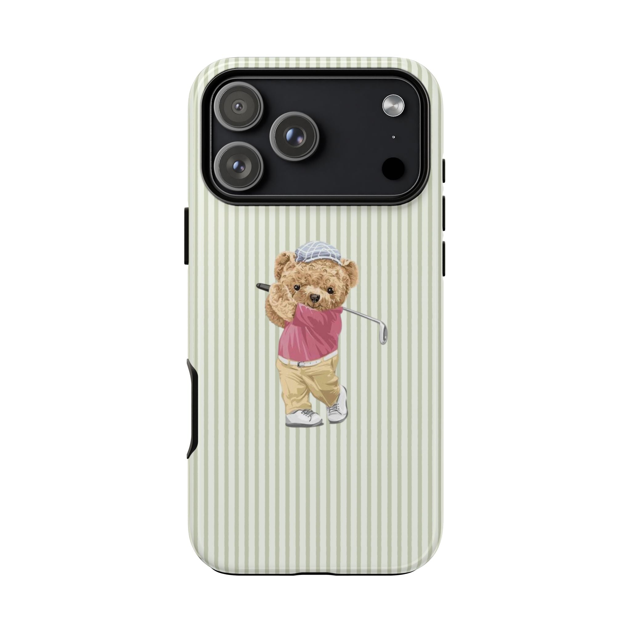 Light green striped phone case, teddy bear golfer with club near center