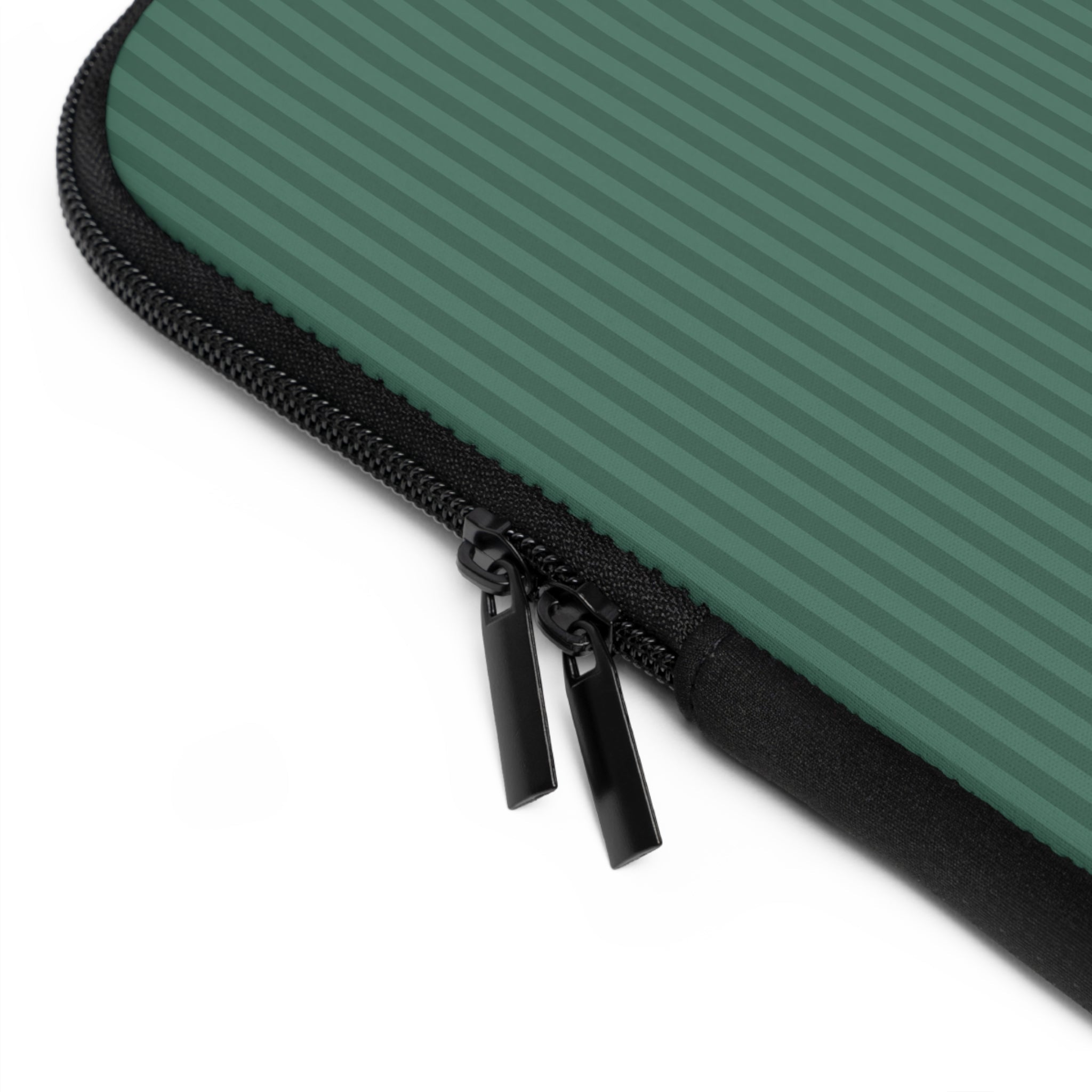 Close-up black zipper on green striped neoprene sleeve
