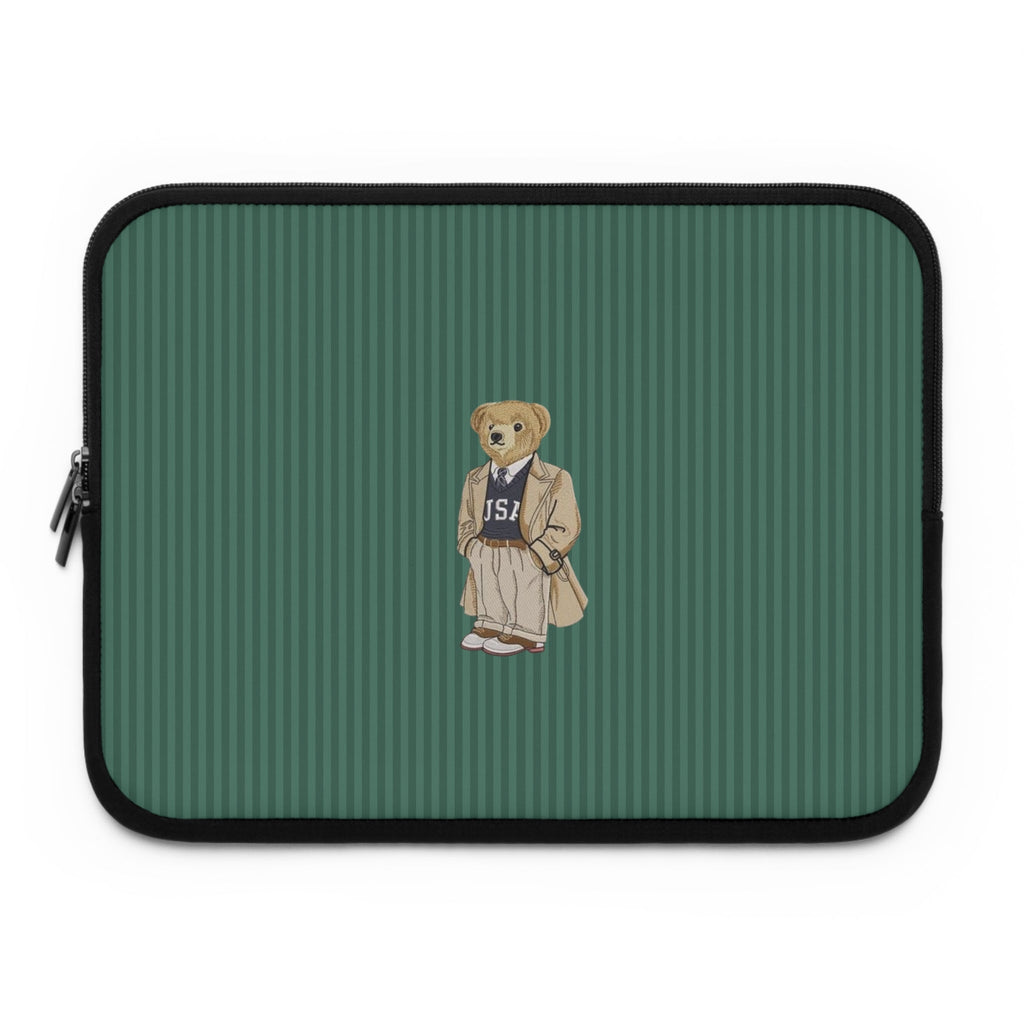 Green striped neoprene sleeve with teddy bear patch, zipper edge