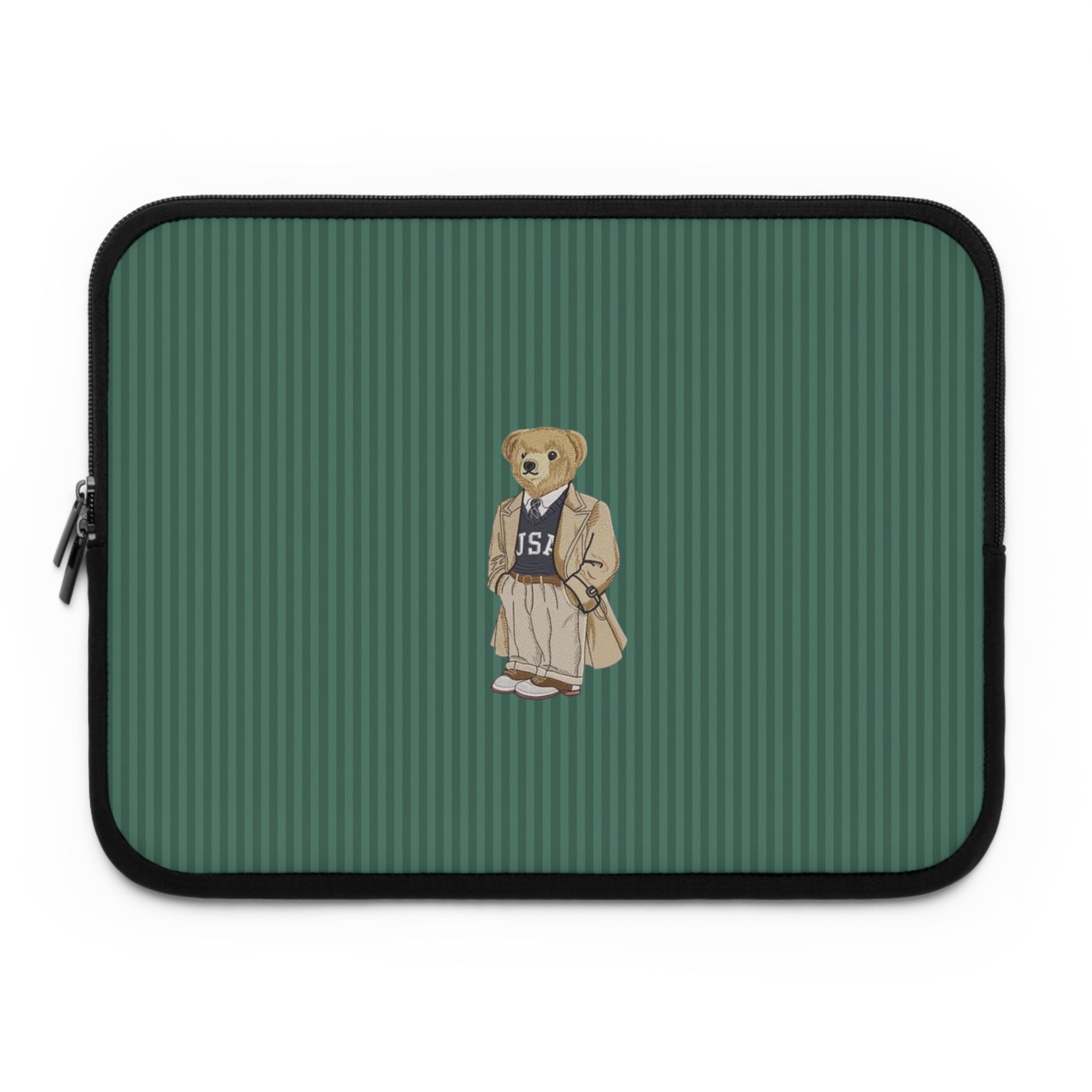 Green striped neoprene sleeve with teddy bear patch, zipper edge