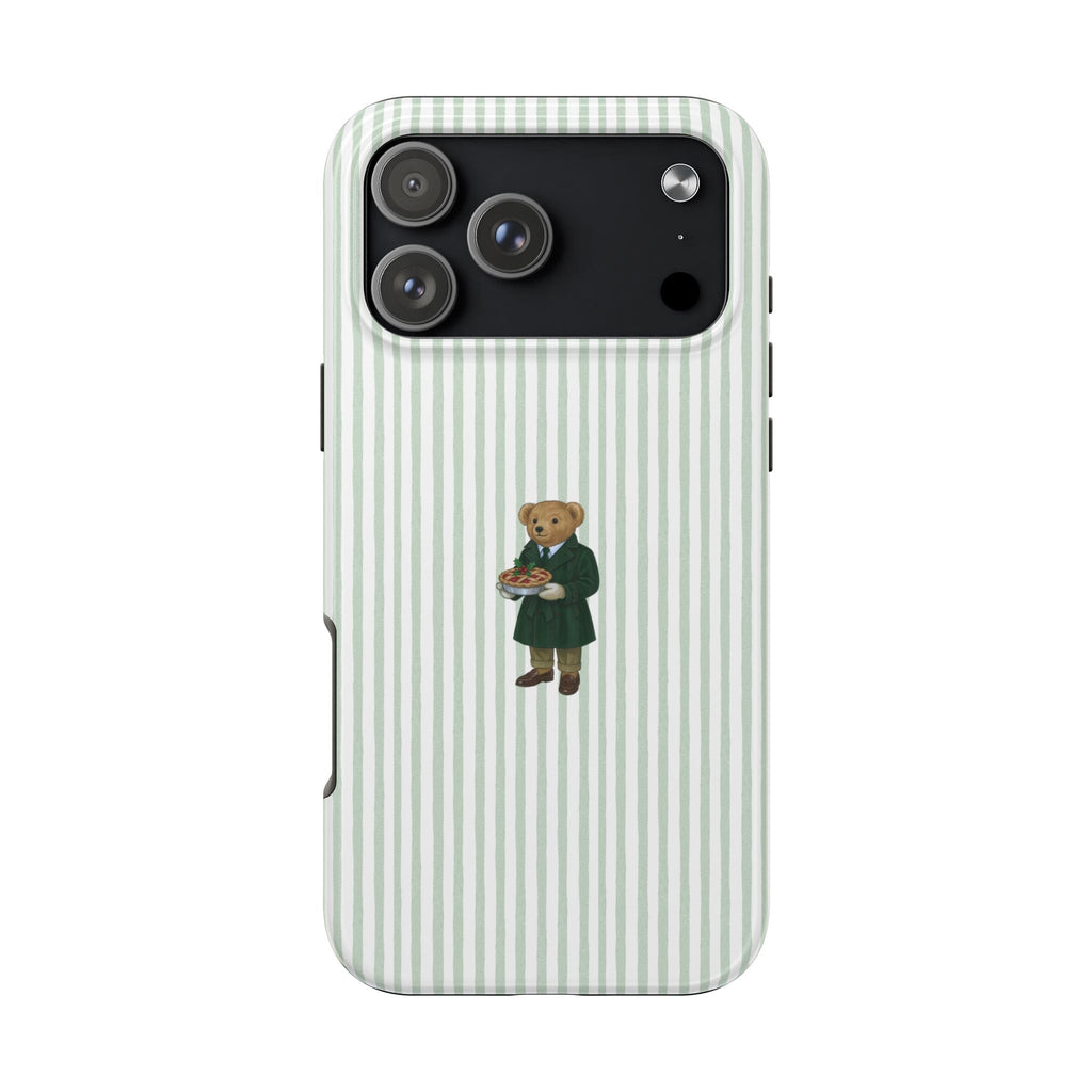 Green striped phone case with teddy bear in suit holding pizza on front
