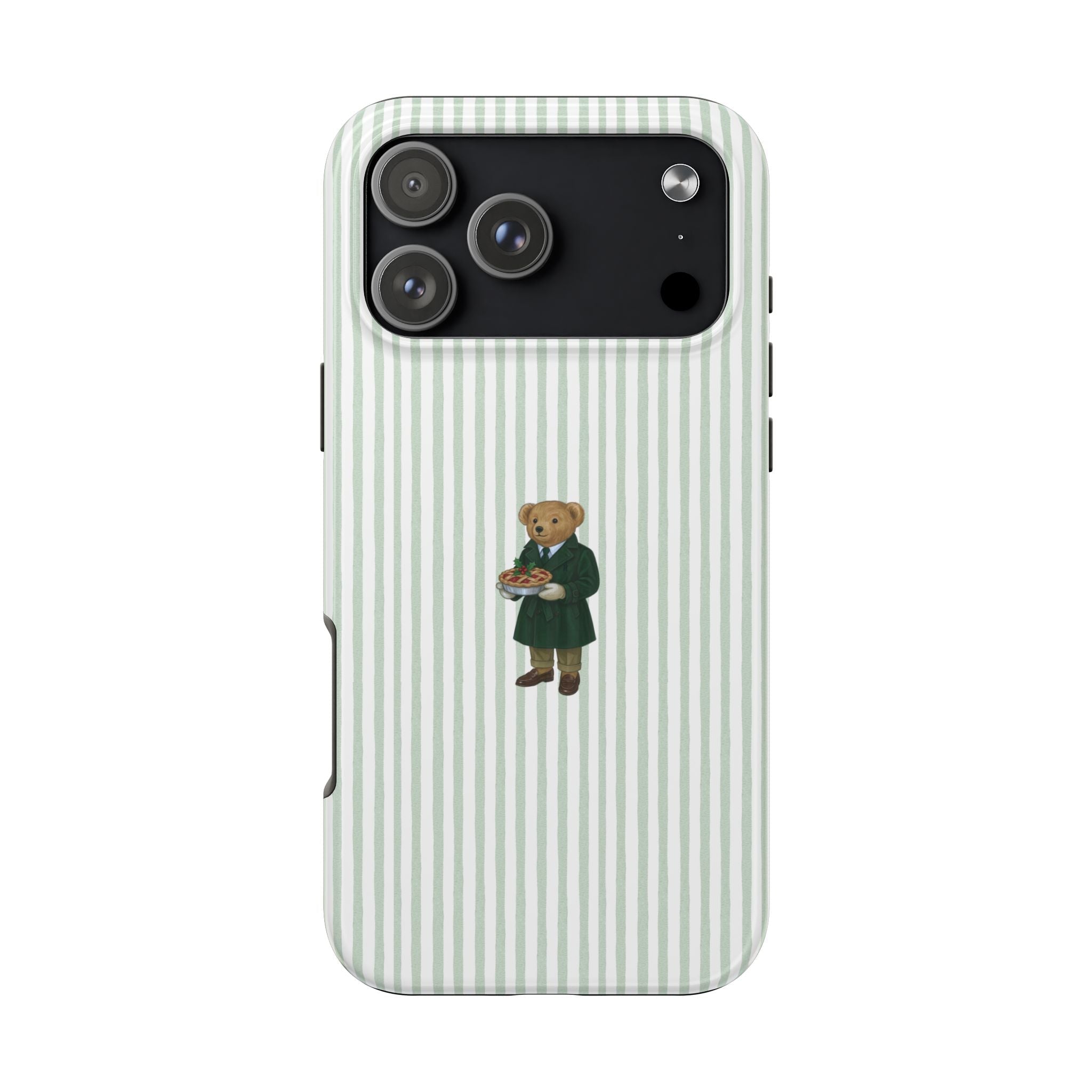 Green striped phone case with teddy bear in suit holding pizza on front