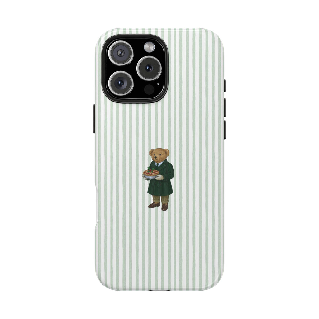 Green striped phone case back with teddy bear character holding pizza