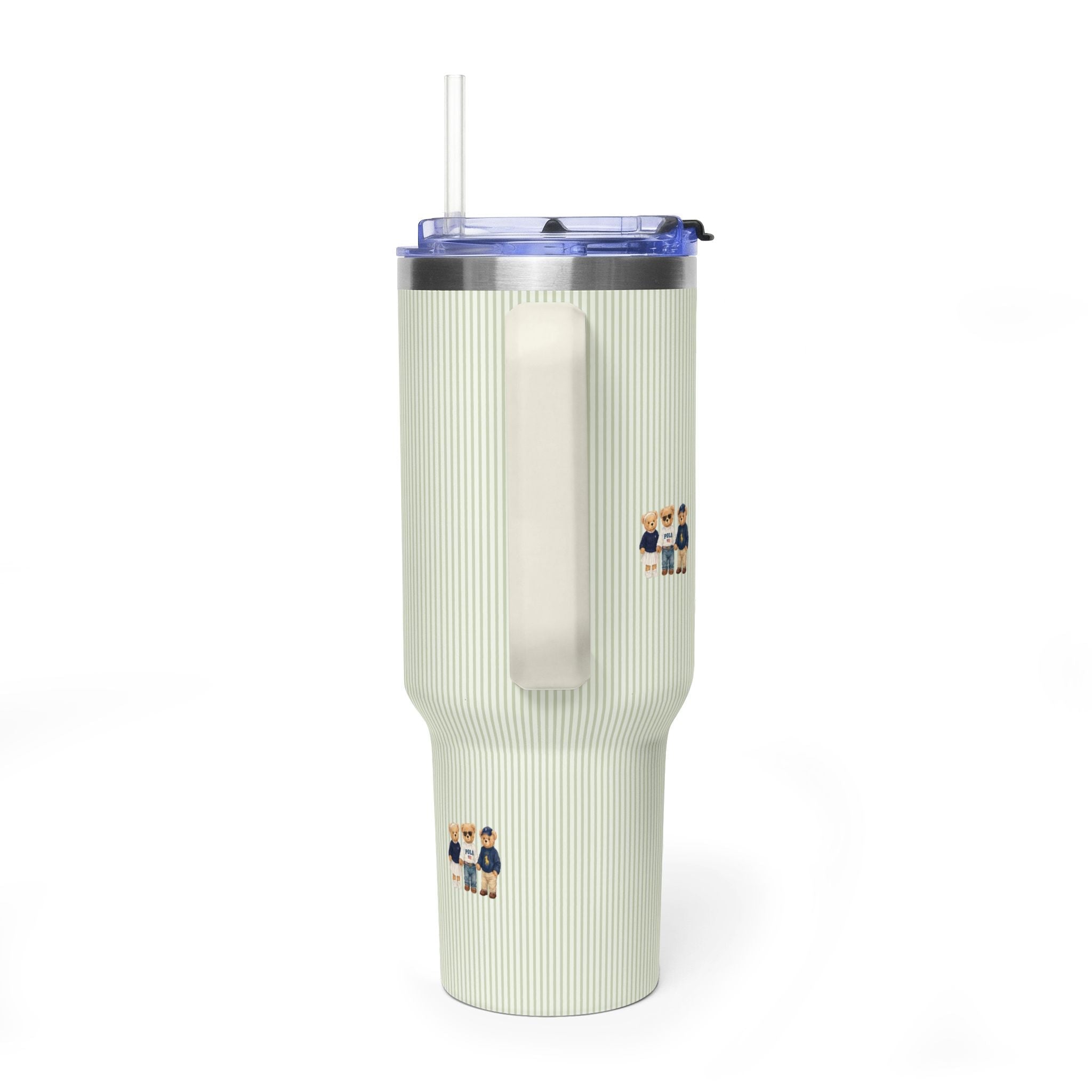 Light cream ribbed tumbler with blue lid, clear straw, and stainless inner sleeve window
