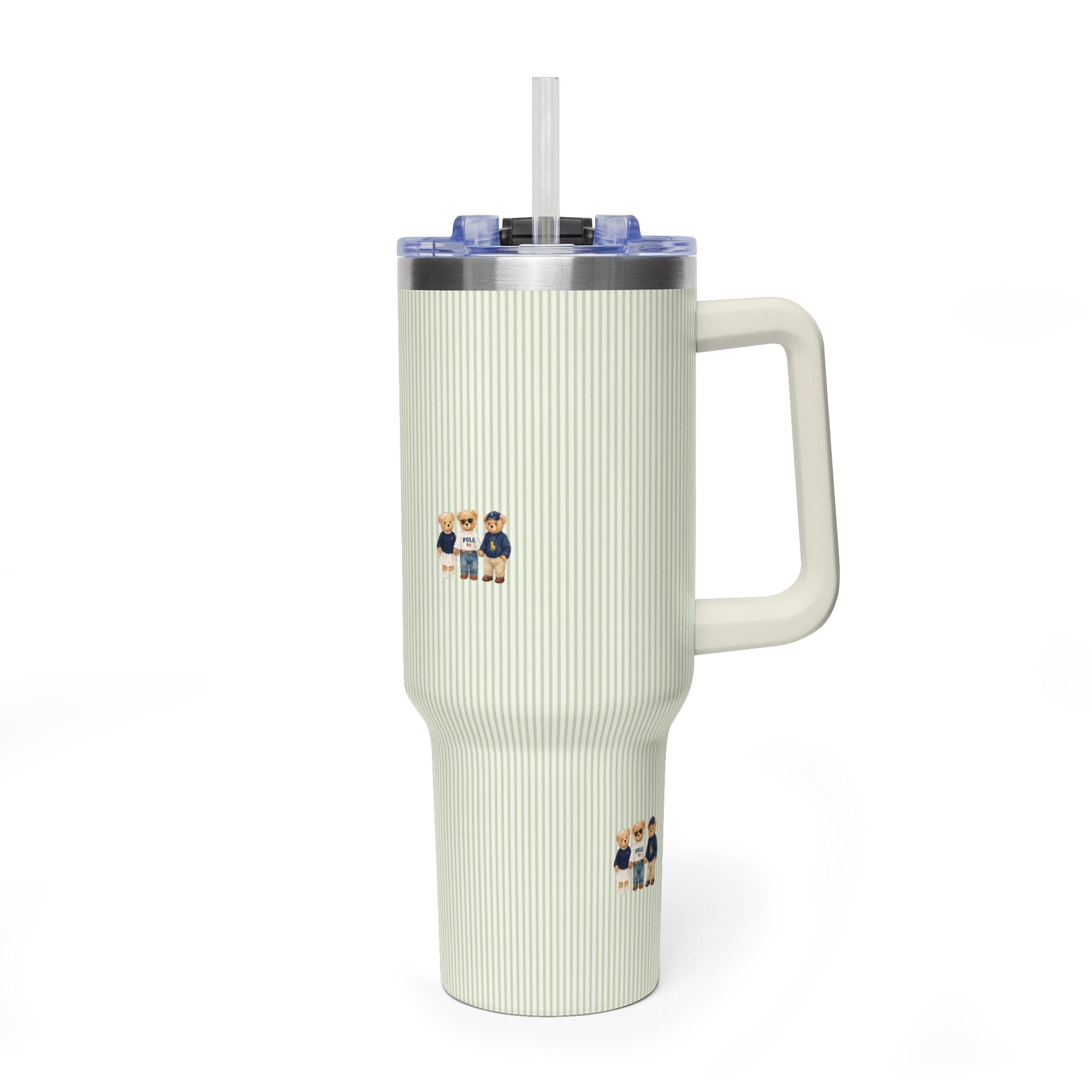 Light cream ribbed 40 oz tumbler with blue lid and clear straw, teddy bear stickers