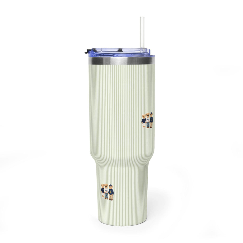 Light cream ribbed tumbler with blue cap, clear straw, and teddy bear decals on side