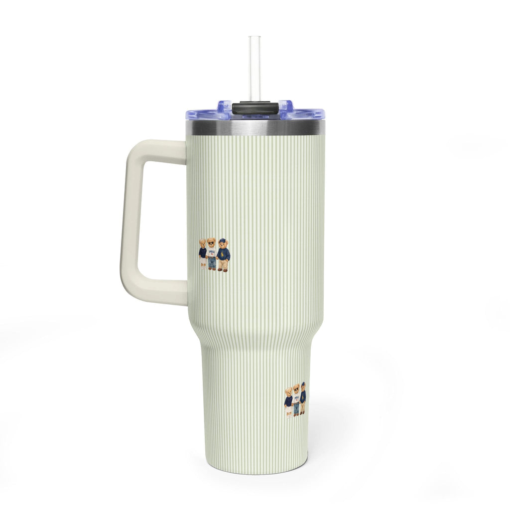 Light cream ribbed 40 oz tumbler with blue lid, clear straw, and teddy bear decals, handle
