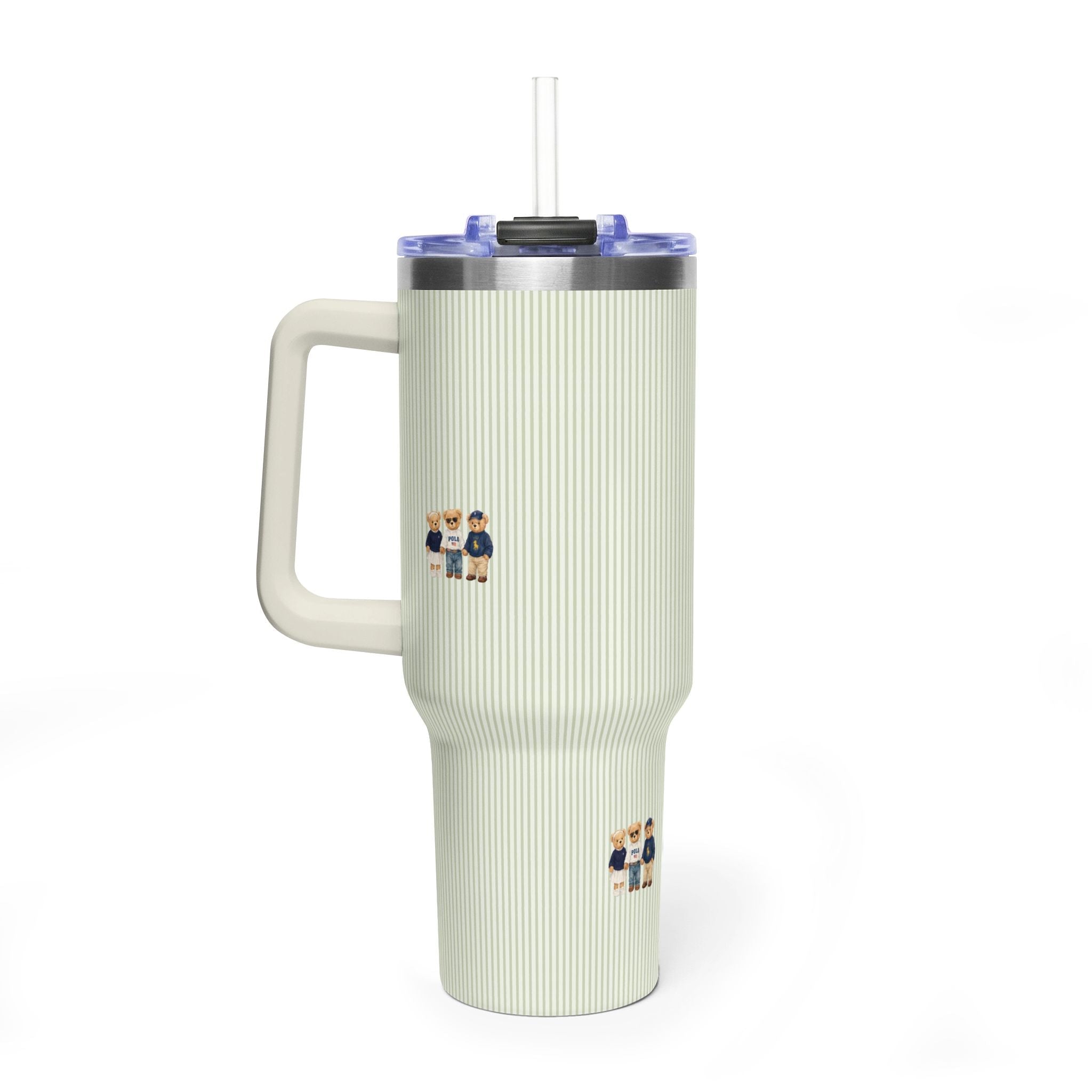 Light cream ribbed 40 oz tumbler with blue lid, clear straw, and teddy bear decals, handle