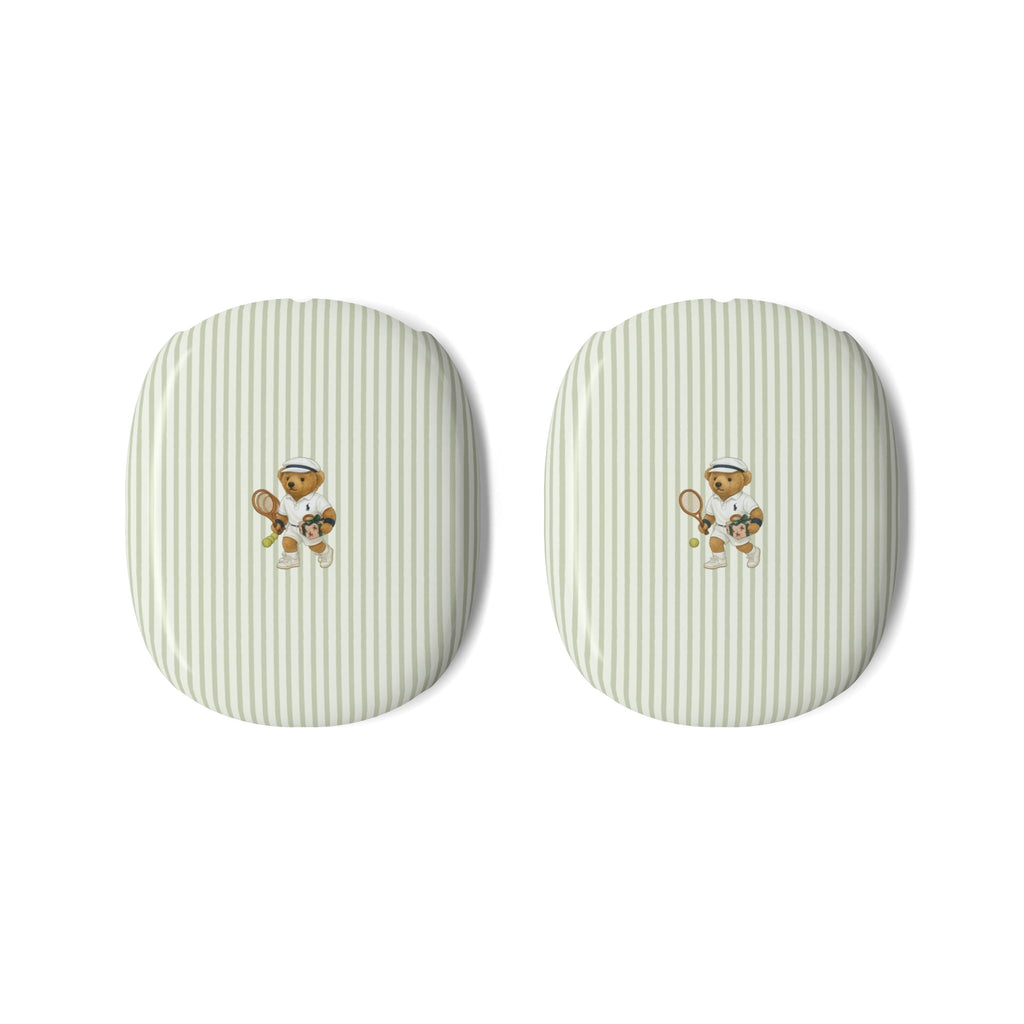 Round ear cup covers in beige with thin vertical stripes and teddy bear emblem