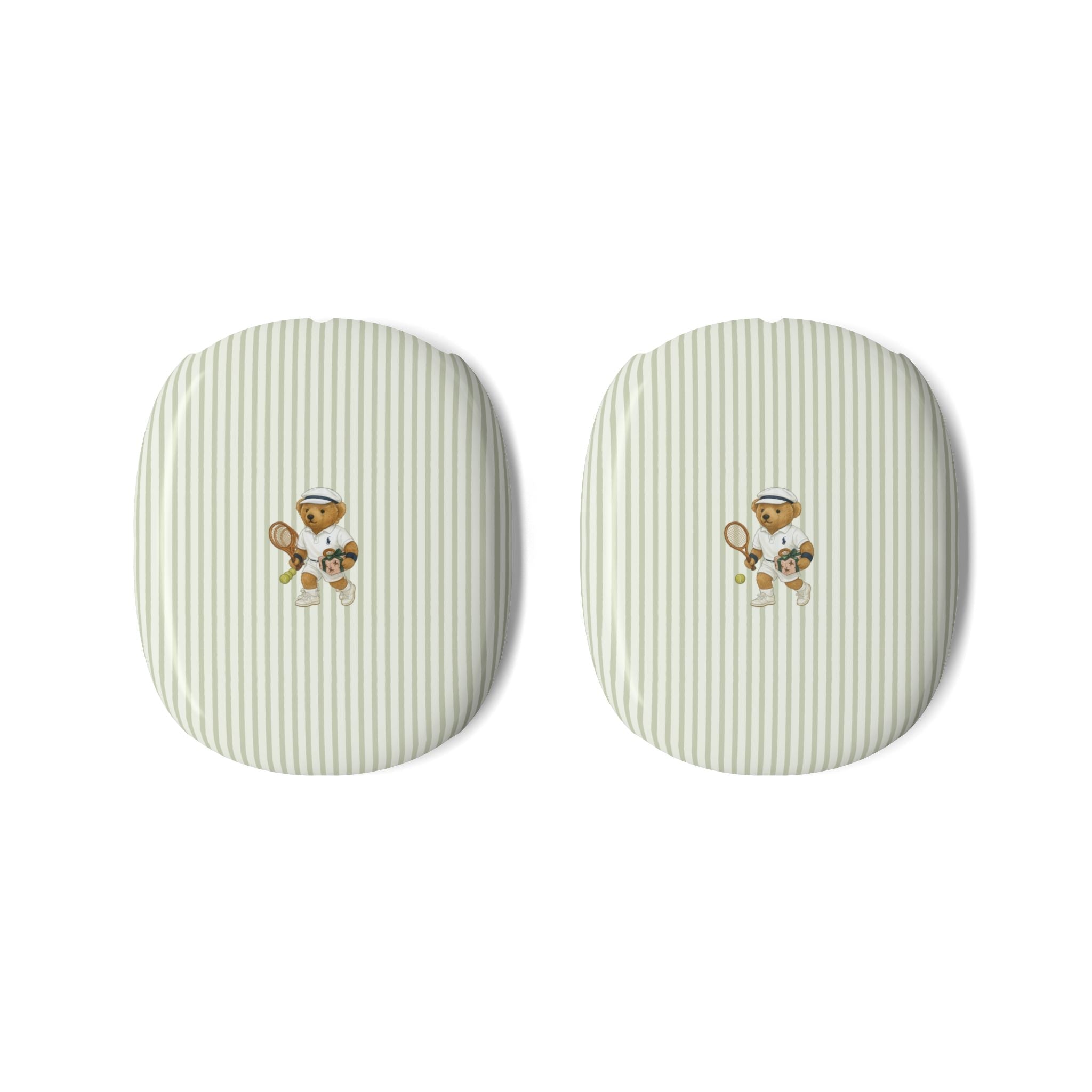 Round ear cup covers in beige with thin vertical stripes and teddy bear emblem