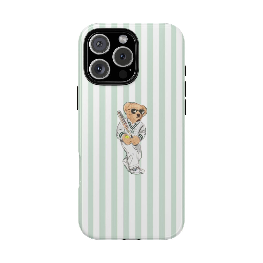 Green-and-white striped phone case with teddy bear holding tennis club graphic