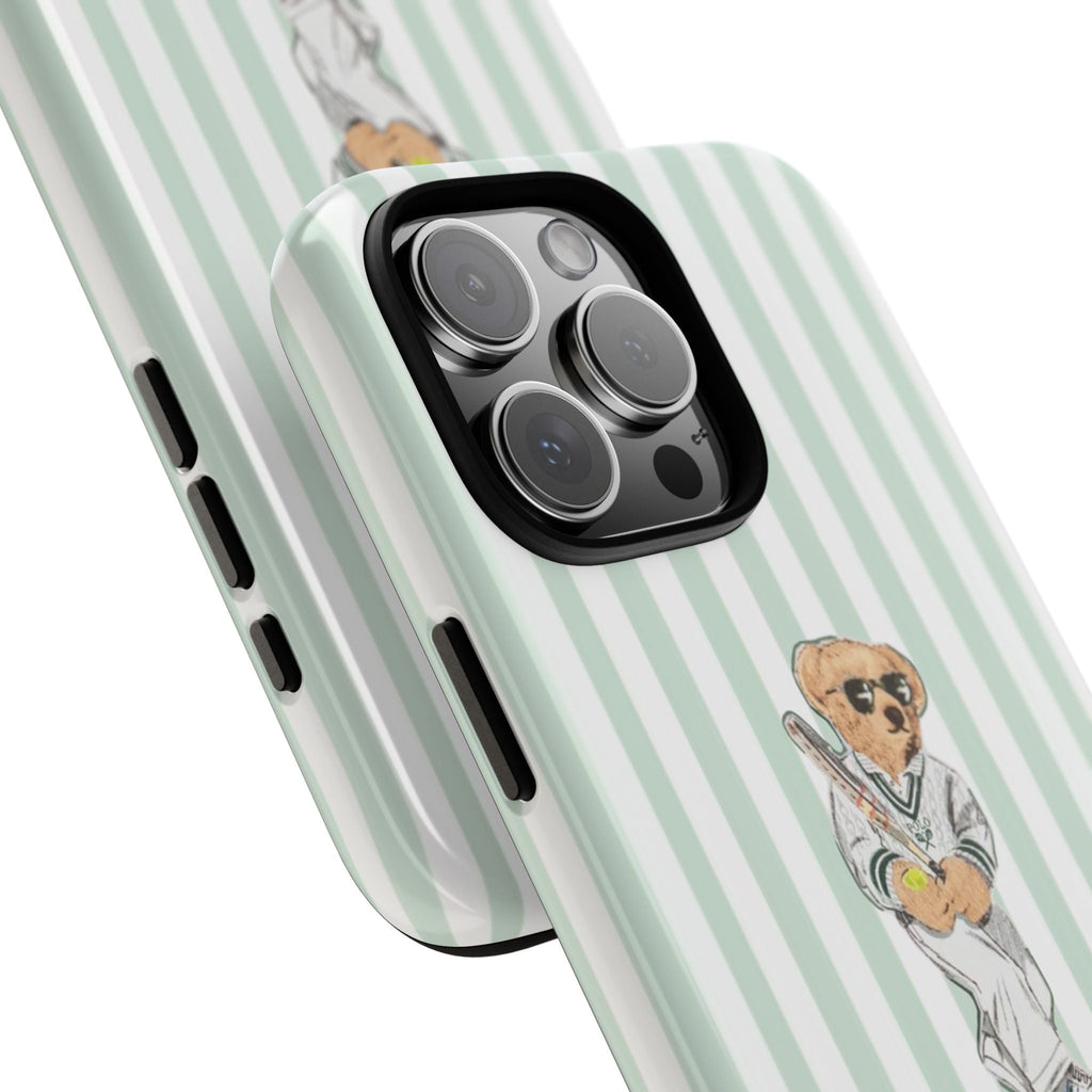 Corner view of green-and-white striped phone case with teddy bear tennis club graphic