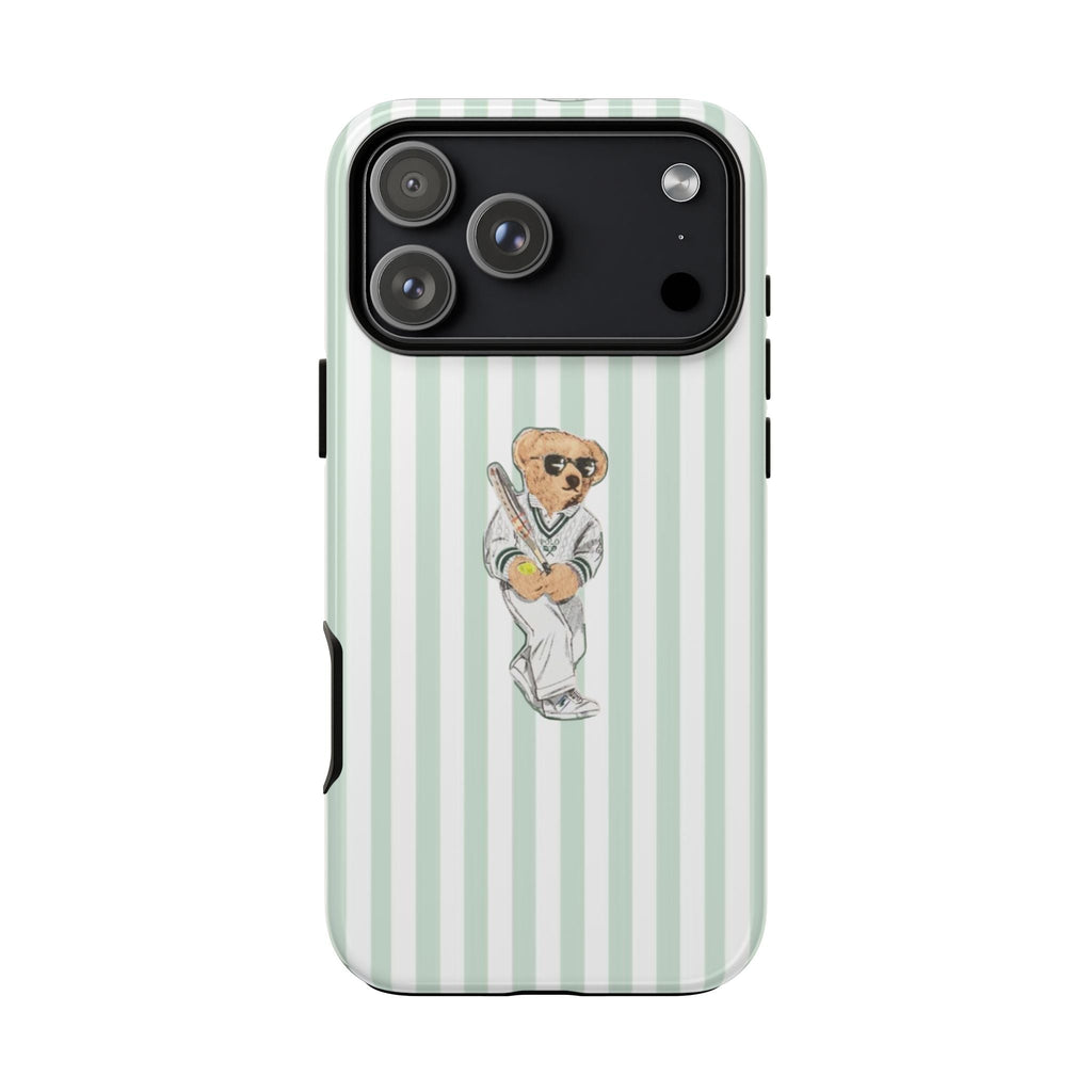 Green-and-white striped phone case with centered teddy bear holding tennis racket