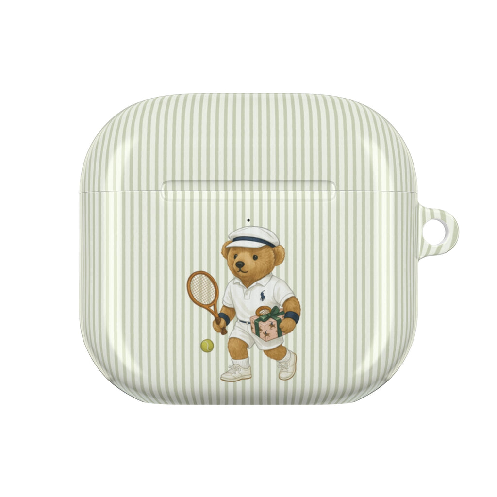 Green striped AirPods case with tennis bear graphic on front
