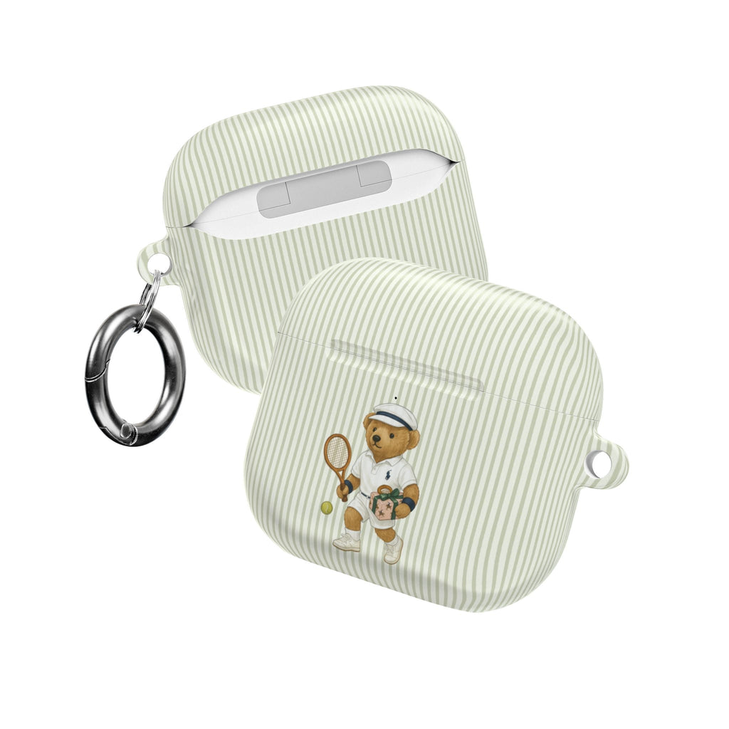 Green striped AirPods case with tennis bear graphic, side view and metal ring