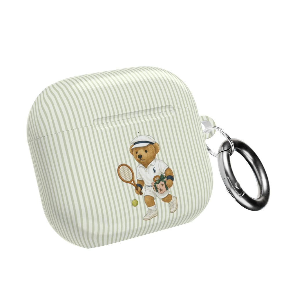 Green striped AirPods case with tennis bear graphic and metal carabiner keyring