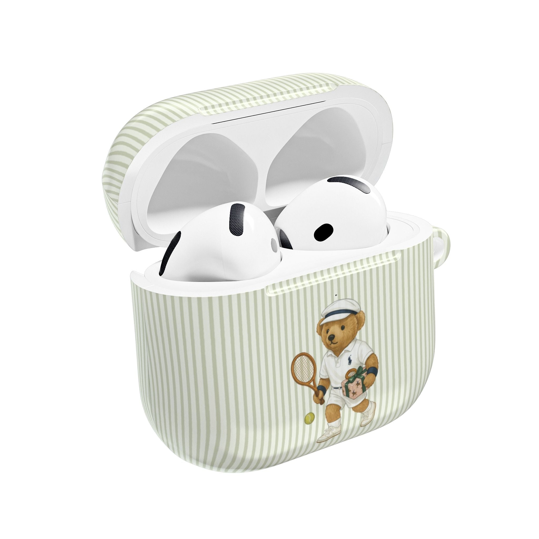 Green striped AirPods case with tennis bear graphic, open to show earbuds