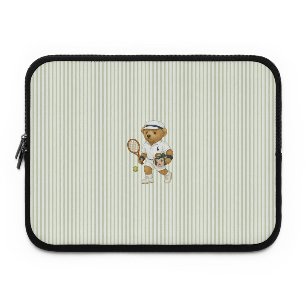 Front view green striped neoprene sleeve with teddy bear tennis applique and black trim