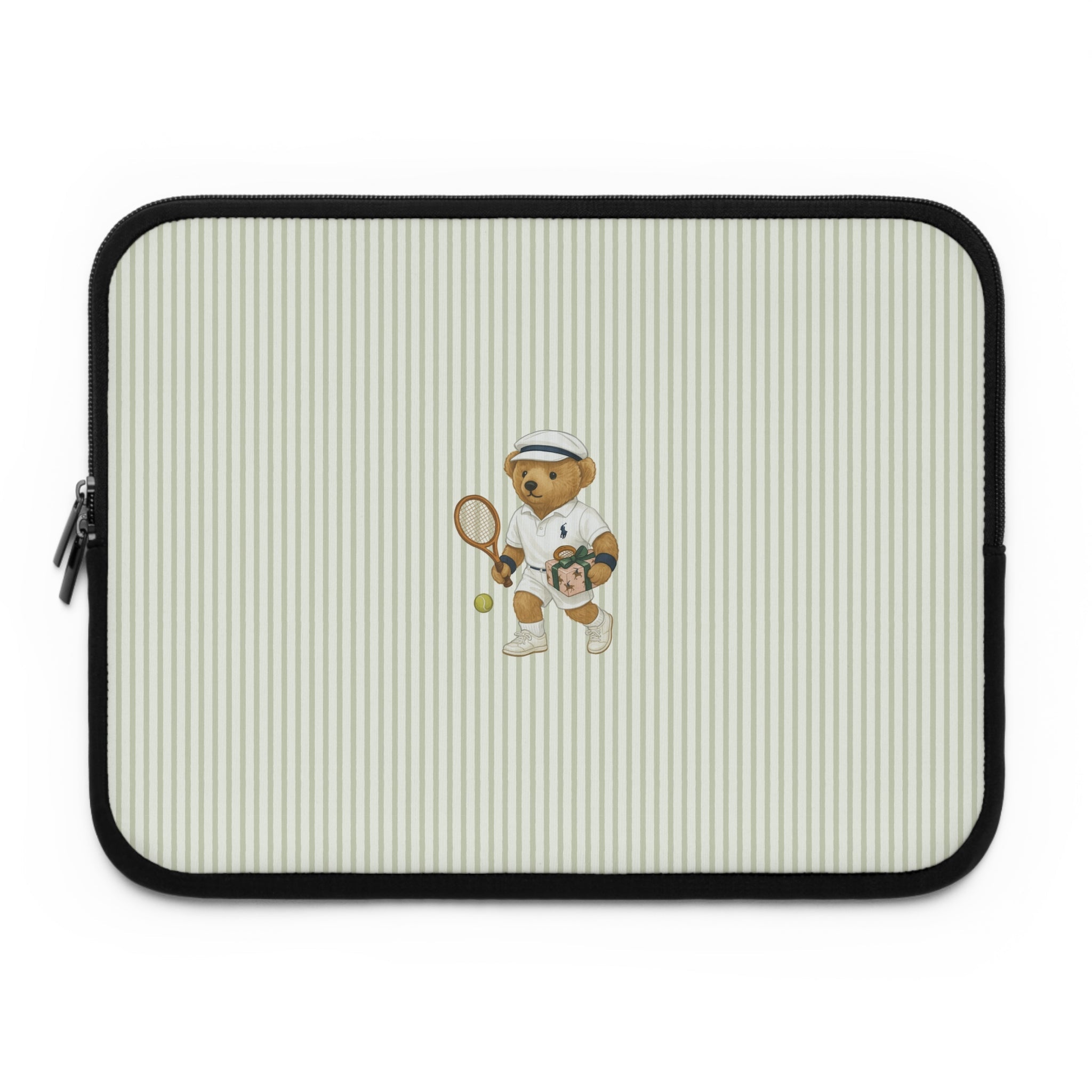 Front view green striped neoprene sleeve with teddy bear tennis applique and black trim