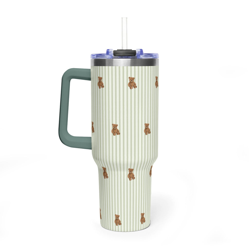 40oz tumbler with green striped design and teddy bears, teal side handle, clear straw