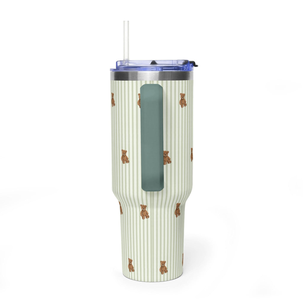40oz tumbler: green stripes and teddy bears, dark teal handle panel, flip lid