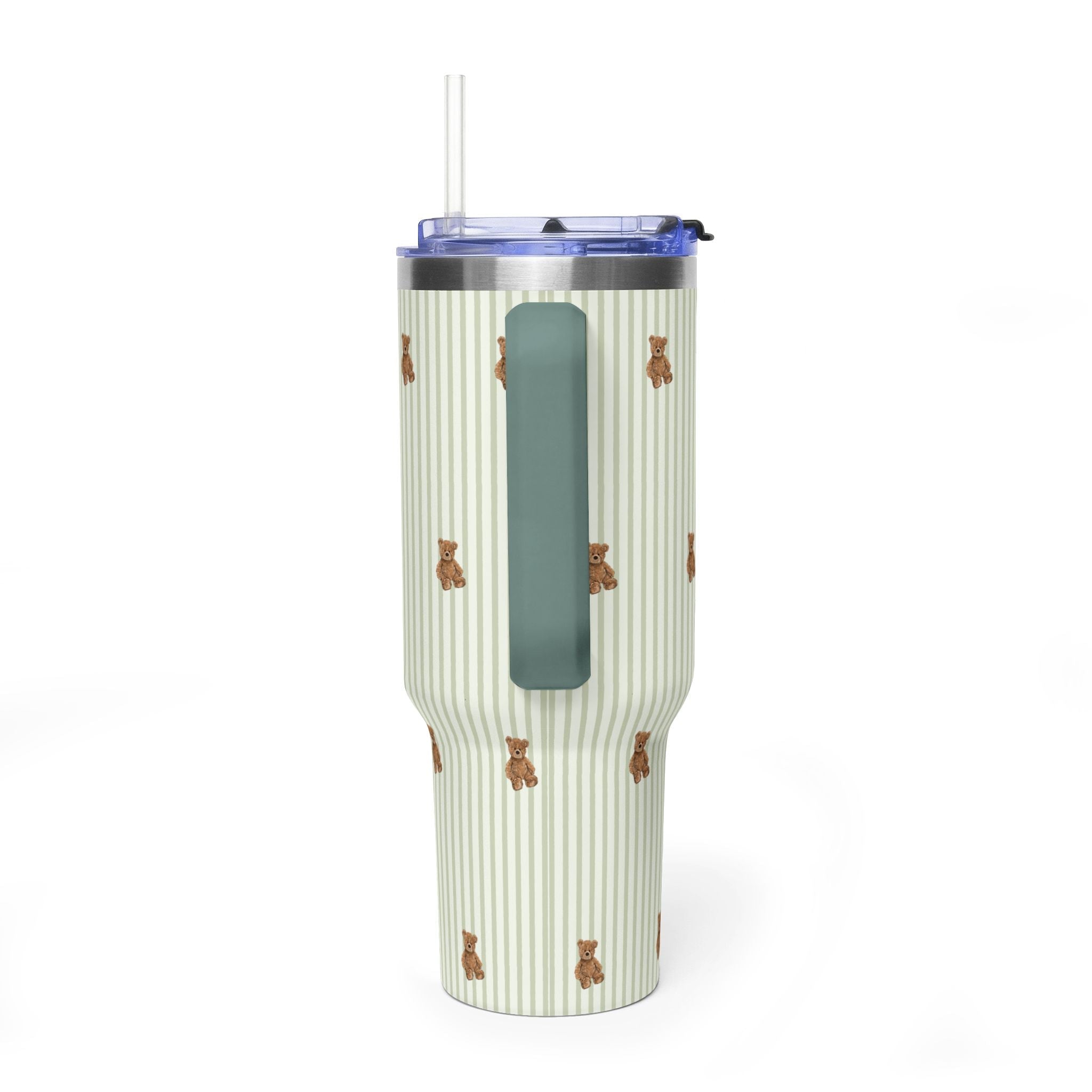 40oz tumbler: green stripes and teddy bears, dark teal handle panel, flip lid