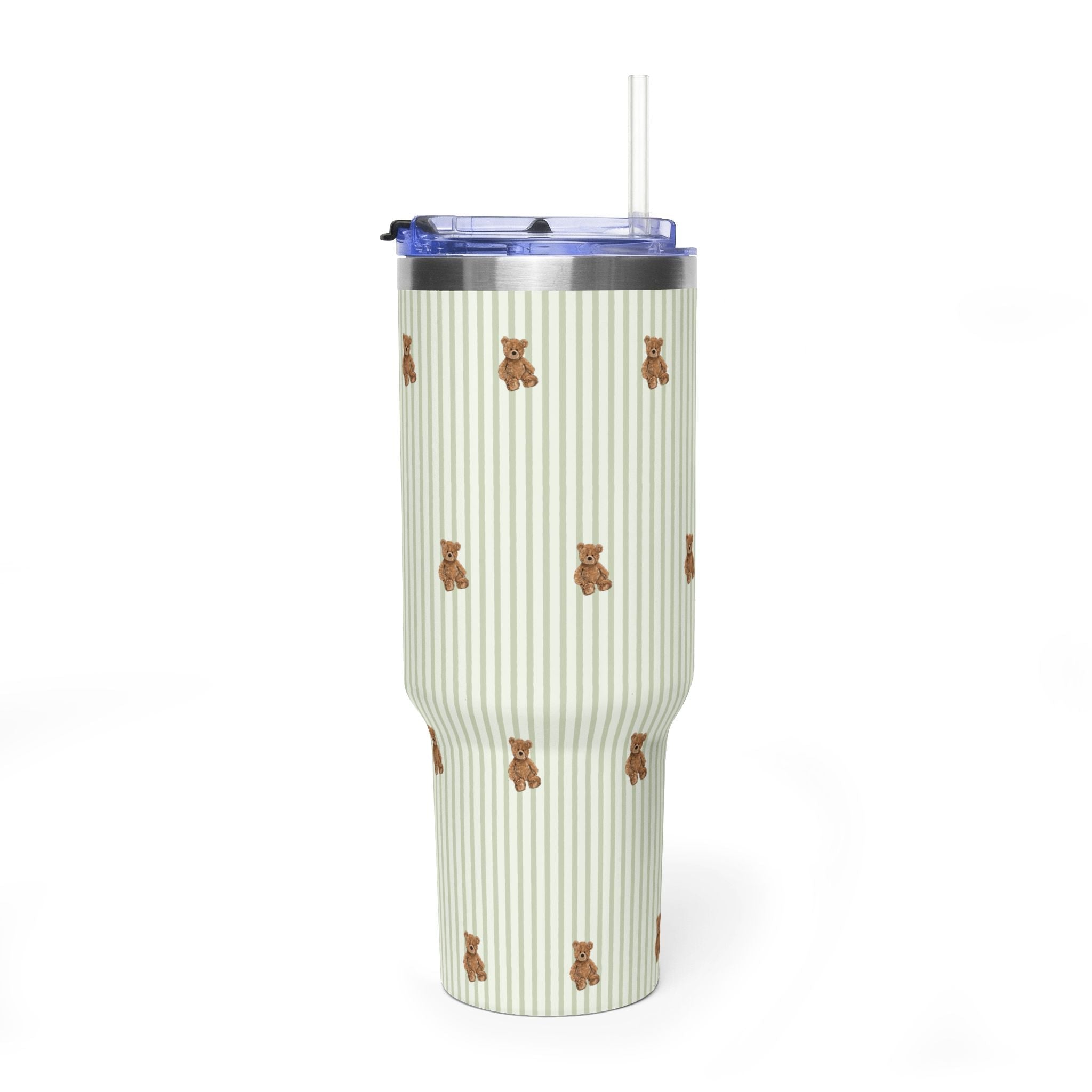 40oz tumbler: pale green vertical stripes and teddy bear graphics, flip lid and straw