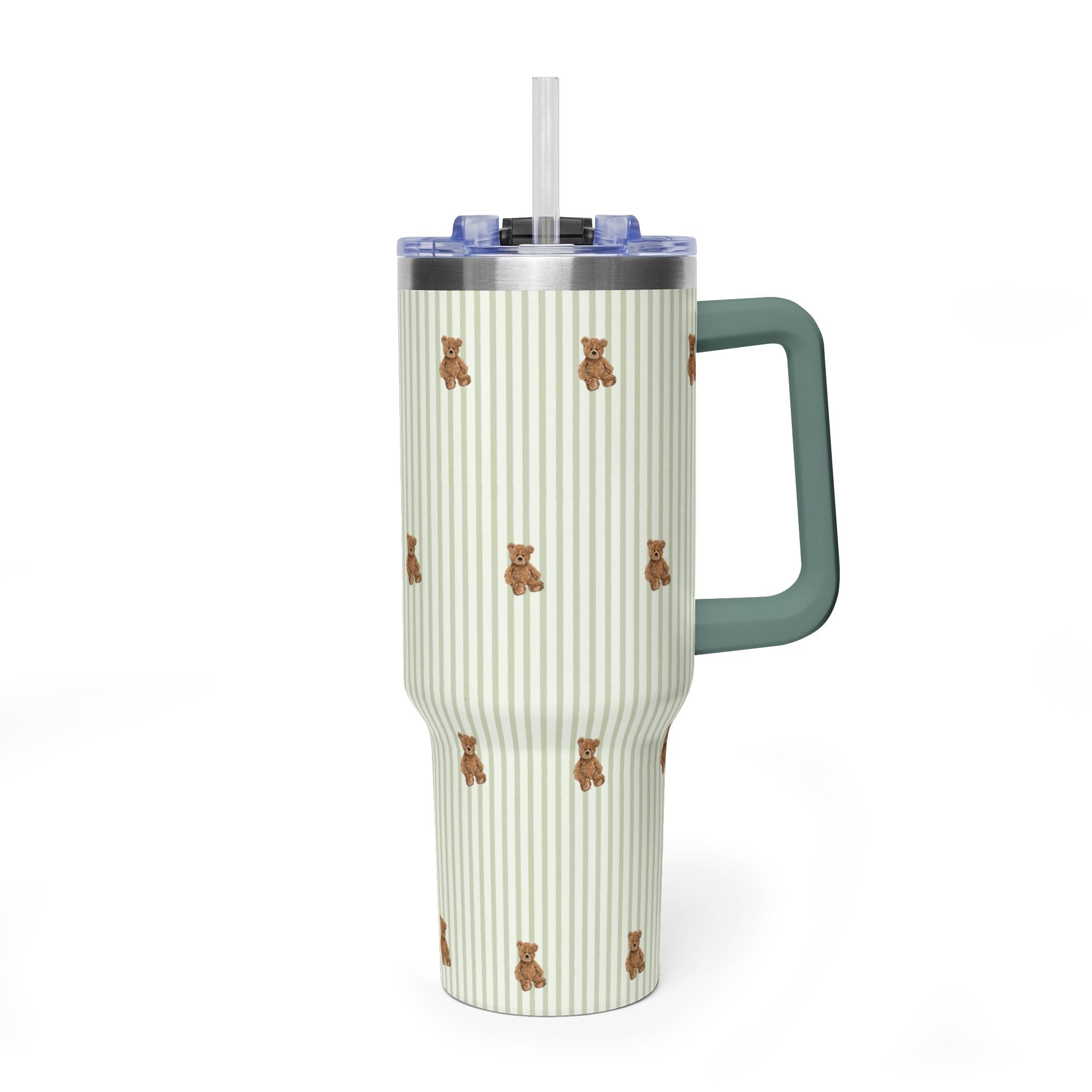 40oz tumbler: green vertical stripes, teddy bear print, flip lid with clear straw