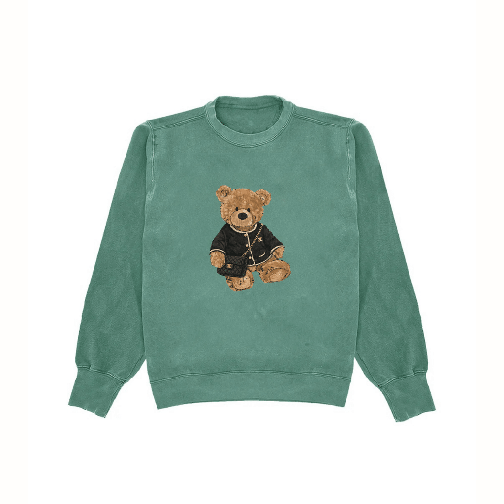 Green teddy bear crewneck sweatshirt, long sleeves, front graphic