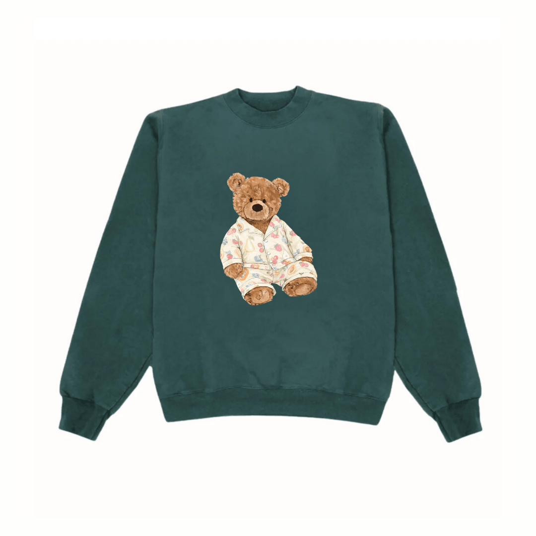 Green crewneck sweatshirt with teddy bear in fruit-print pajama graphic, long sleeve