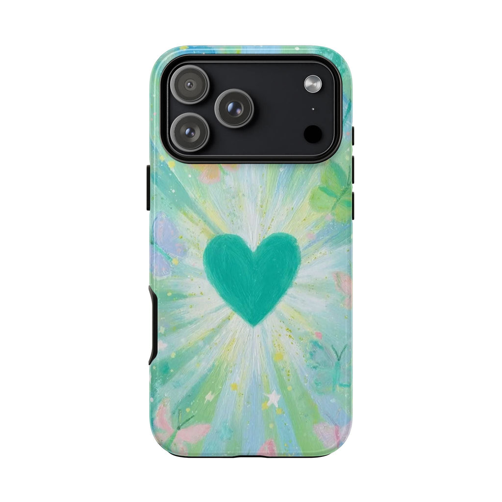 Green phone case with teal heart center and radiating butterfly splash design