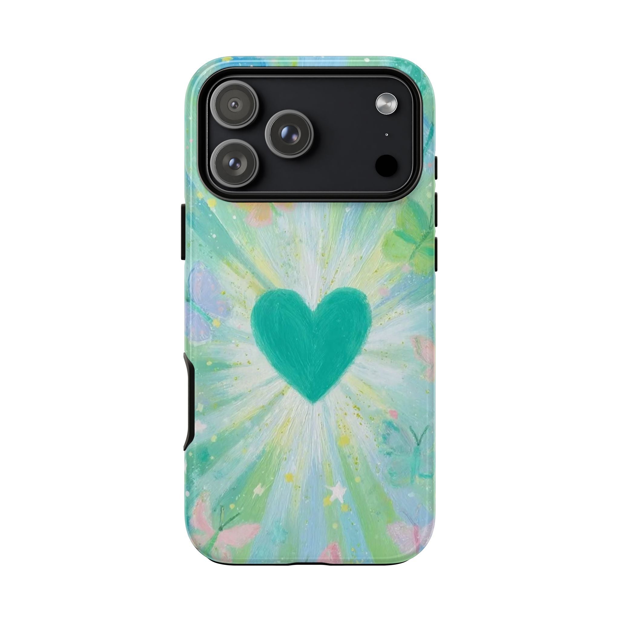 Green phone case with teal heart center and radiating butterfly splash design