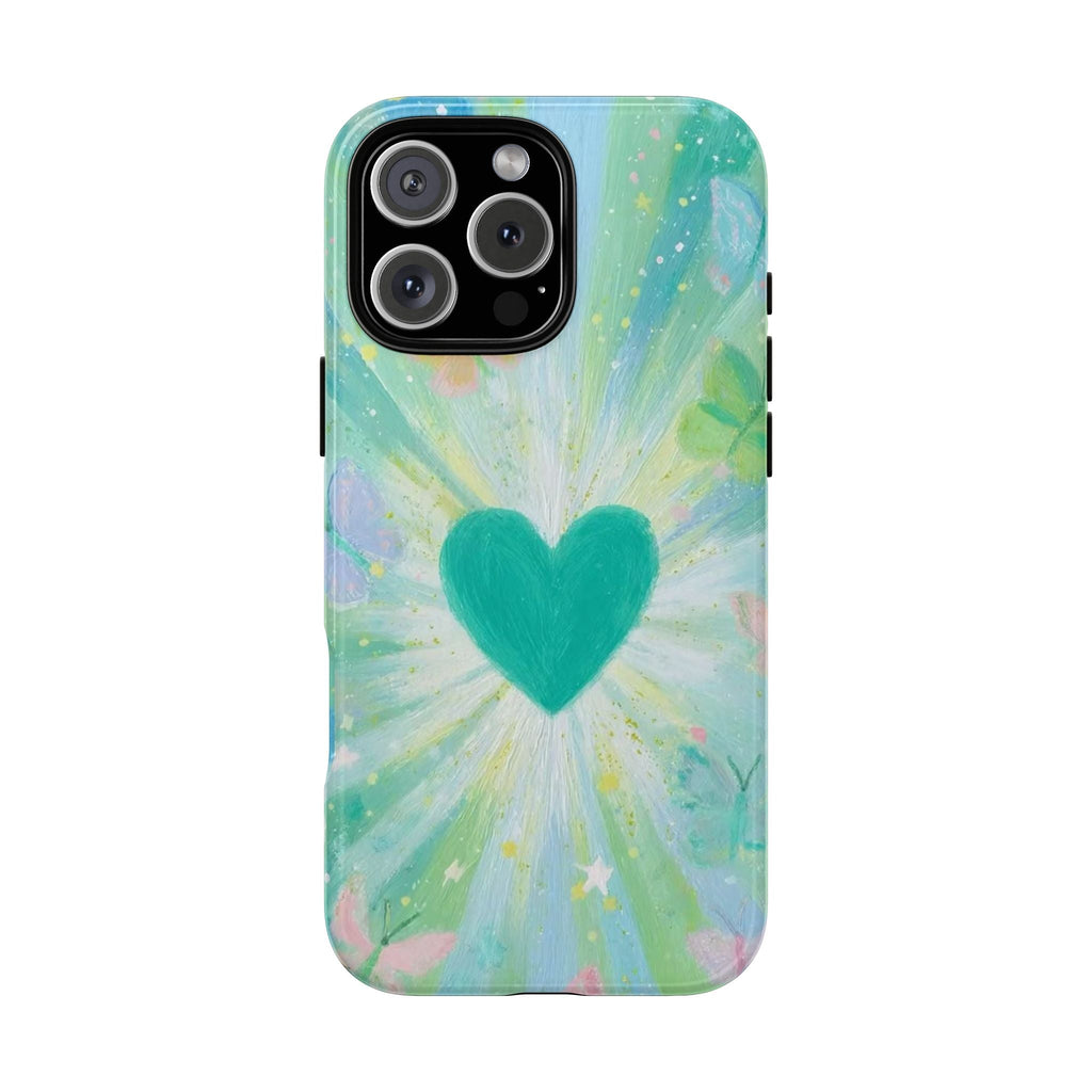 Green phone case with teal heart and butterfly-wing burst pattern