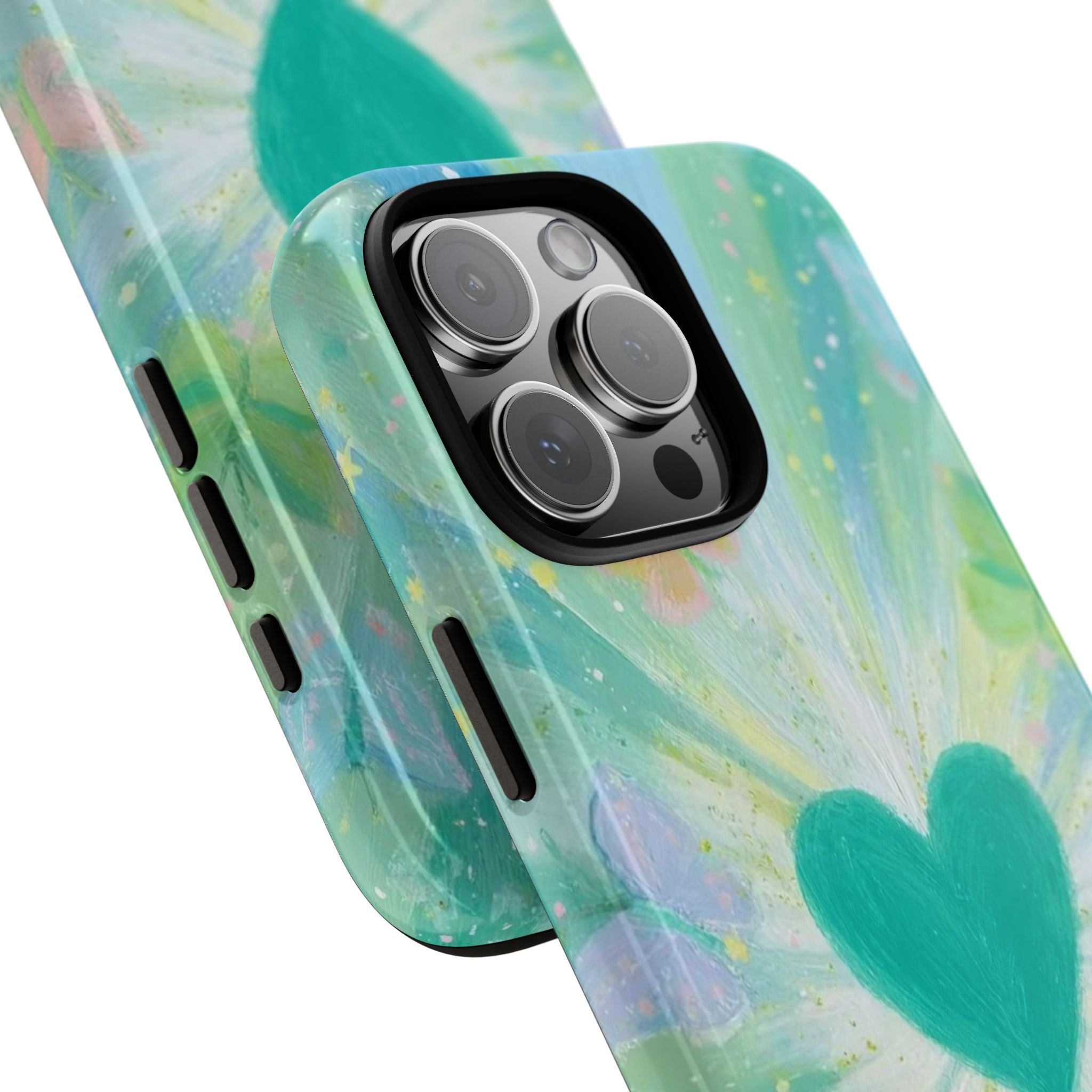 Angled view of green butterfly phone case with teal heart and camera cutout