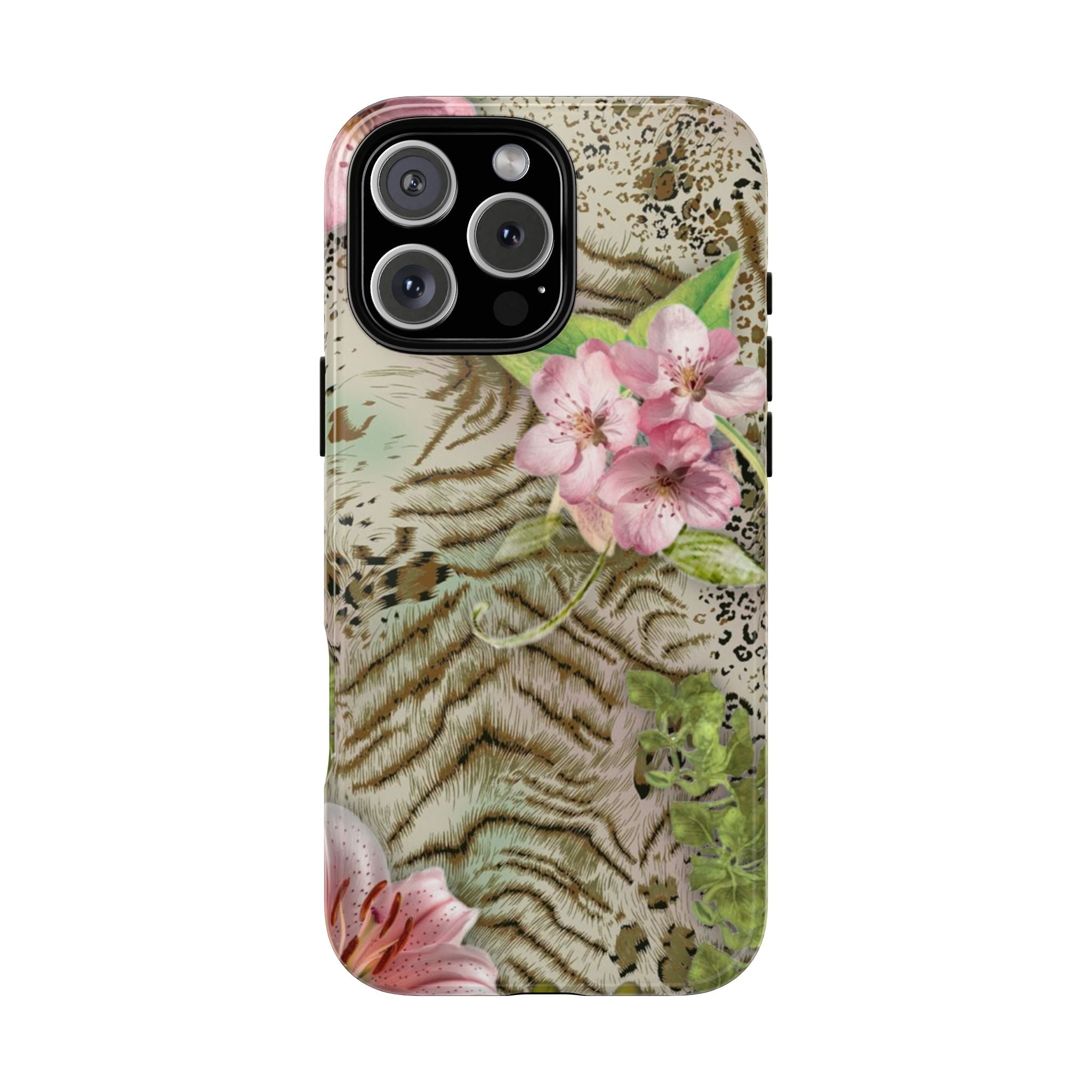 Phone case with green safari tiger stripes, leopard spots, and pink flowers, camera cutouts