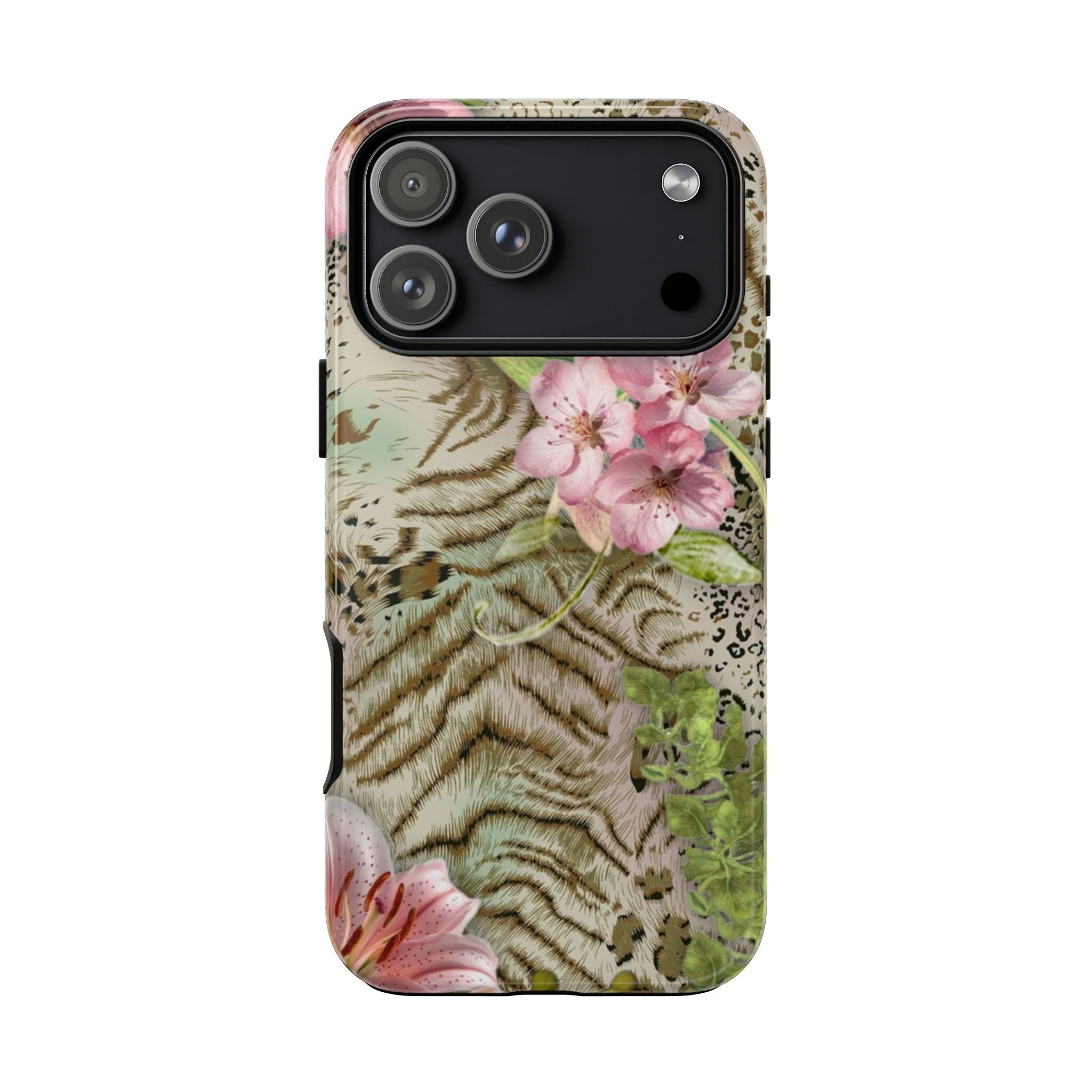 Phone case with green tiger stripes and leopard spots, featuring large pink blossoms near center