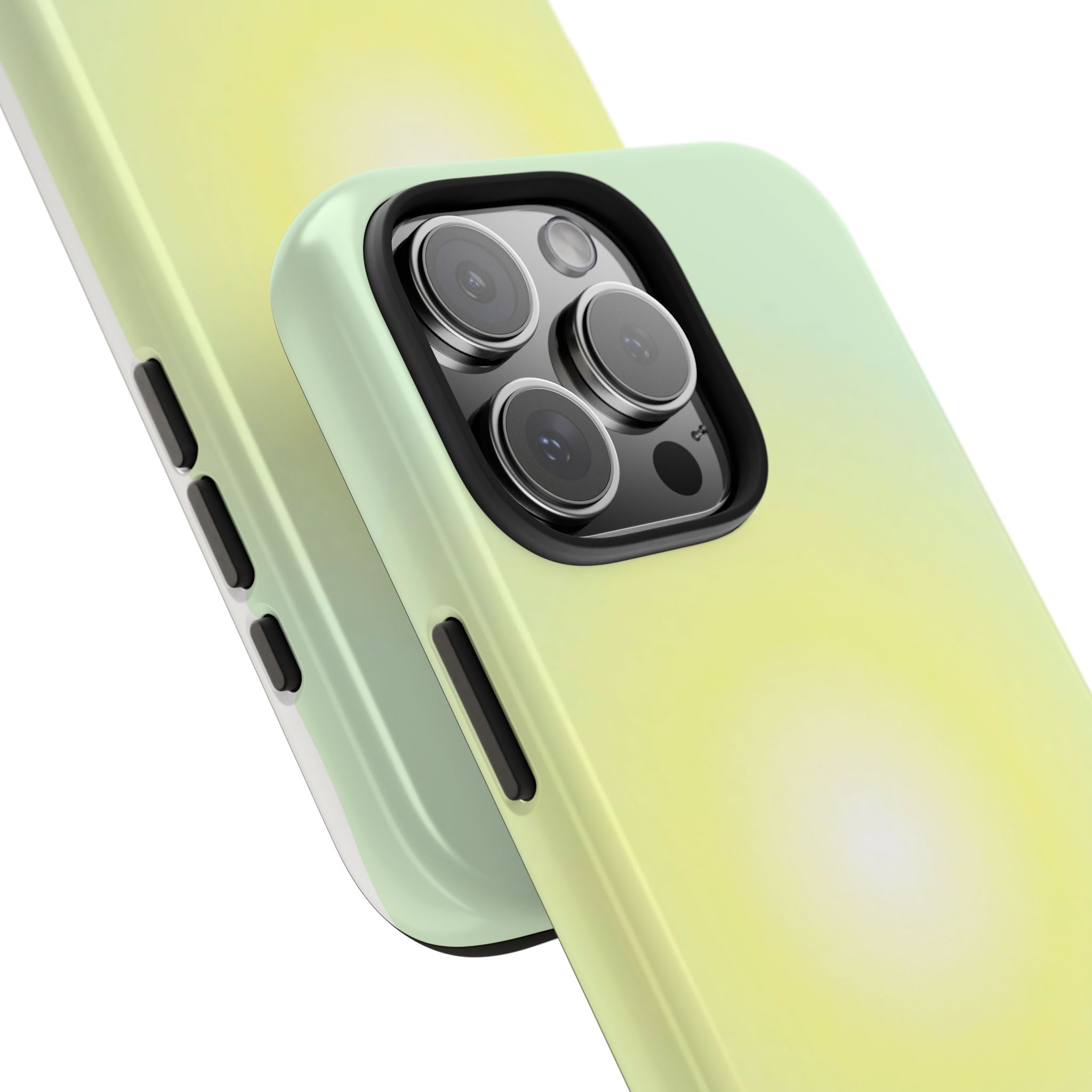 Green-yellow aura phone case close-up with side buttons and camera lenses