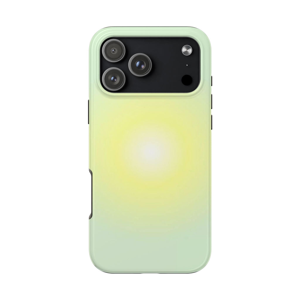 Green-yellow aura phone case with mint frame and dual-tone camera back