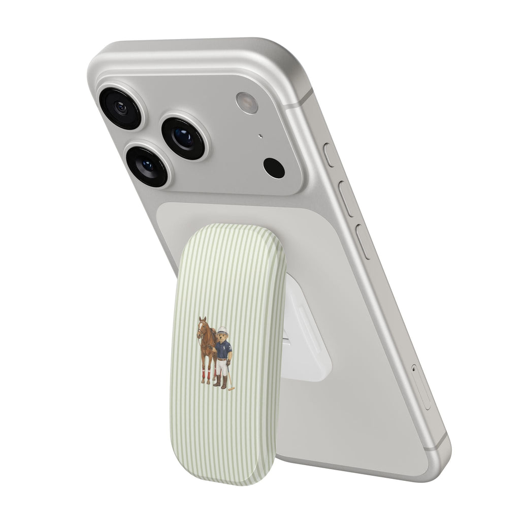 Light green striped phone case with horse & rider design on back cover