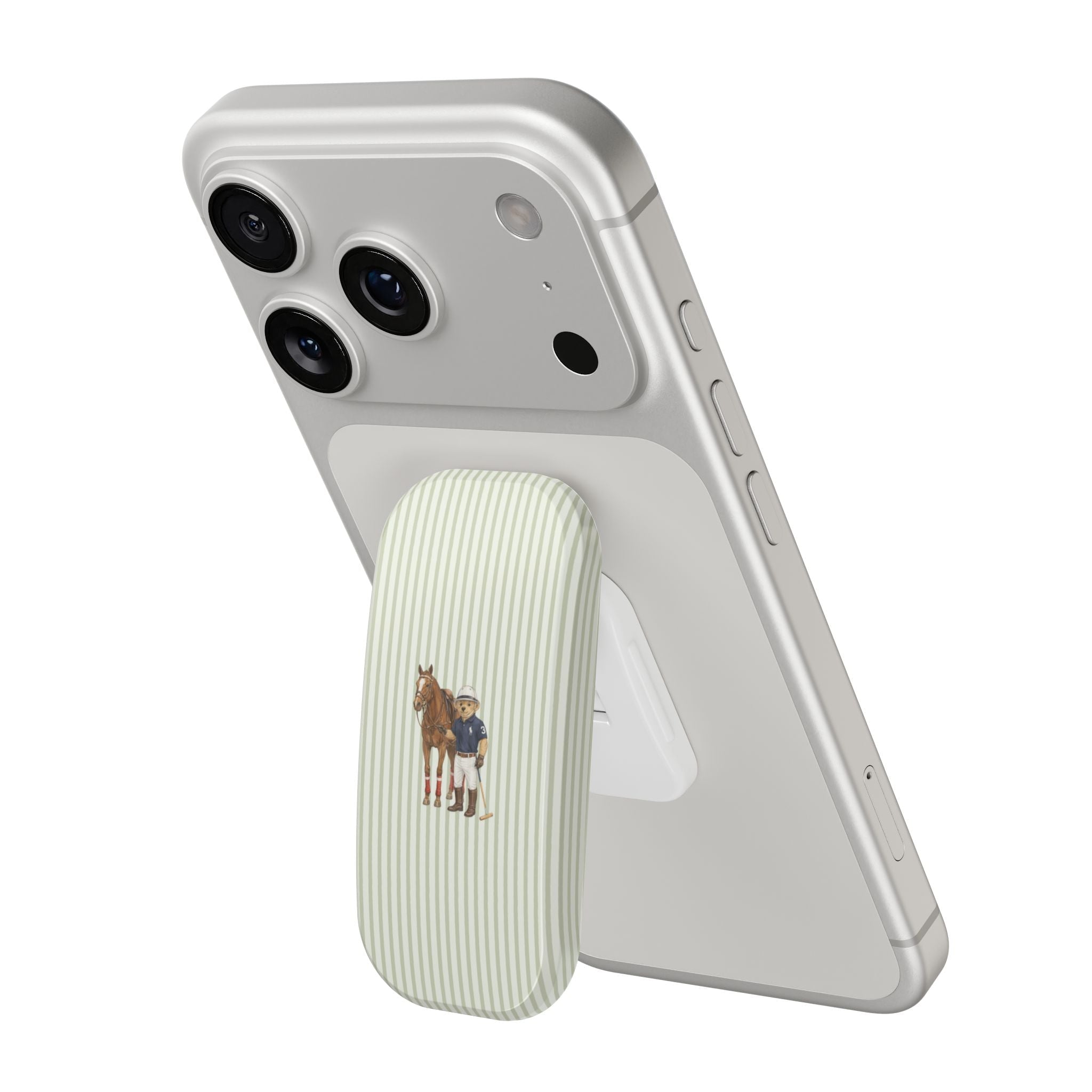 Light green striped phone case with horse & rider design on back cover