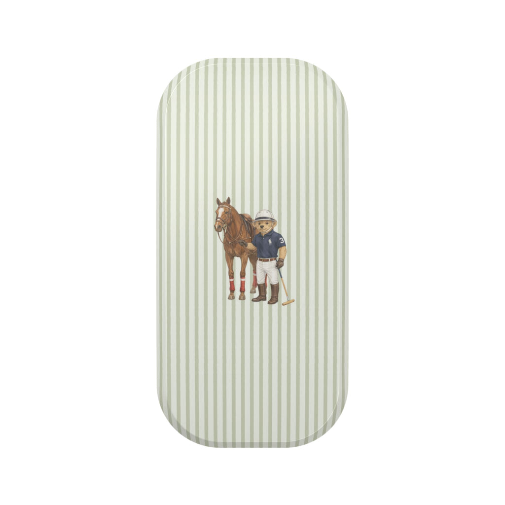 Phone case with light green vertical stripes and small horse & rider graphic