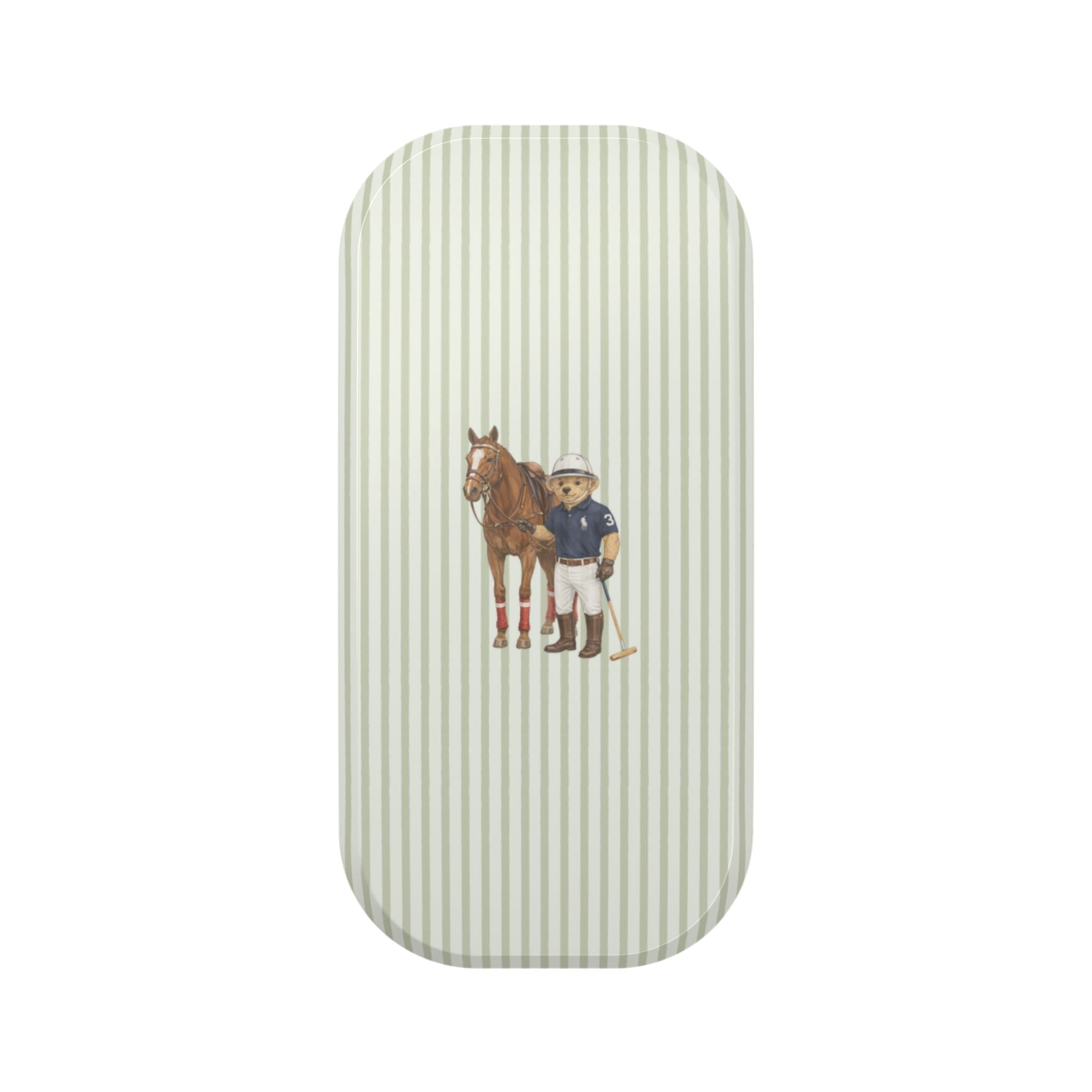Phone case with light green vertical stripes and small horse & rider graphic