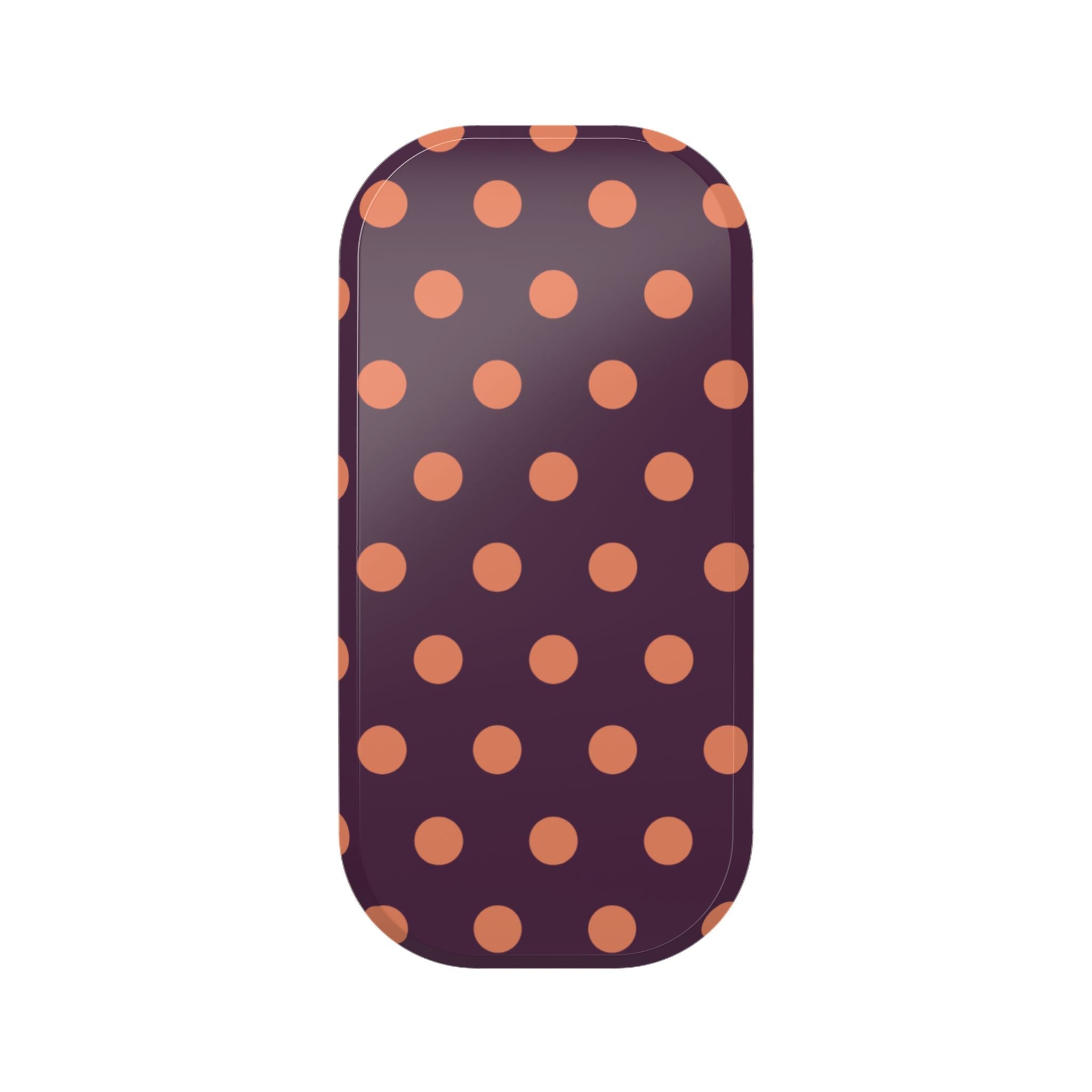 Aubergine phone grip with orange polka dot pattern