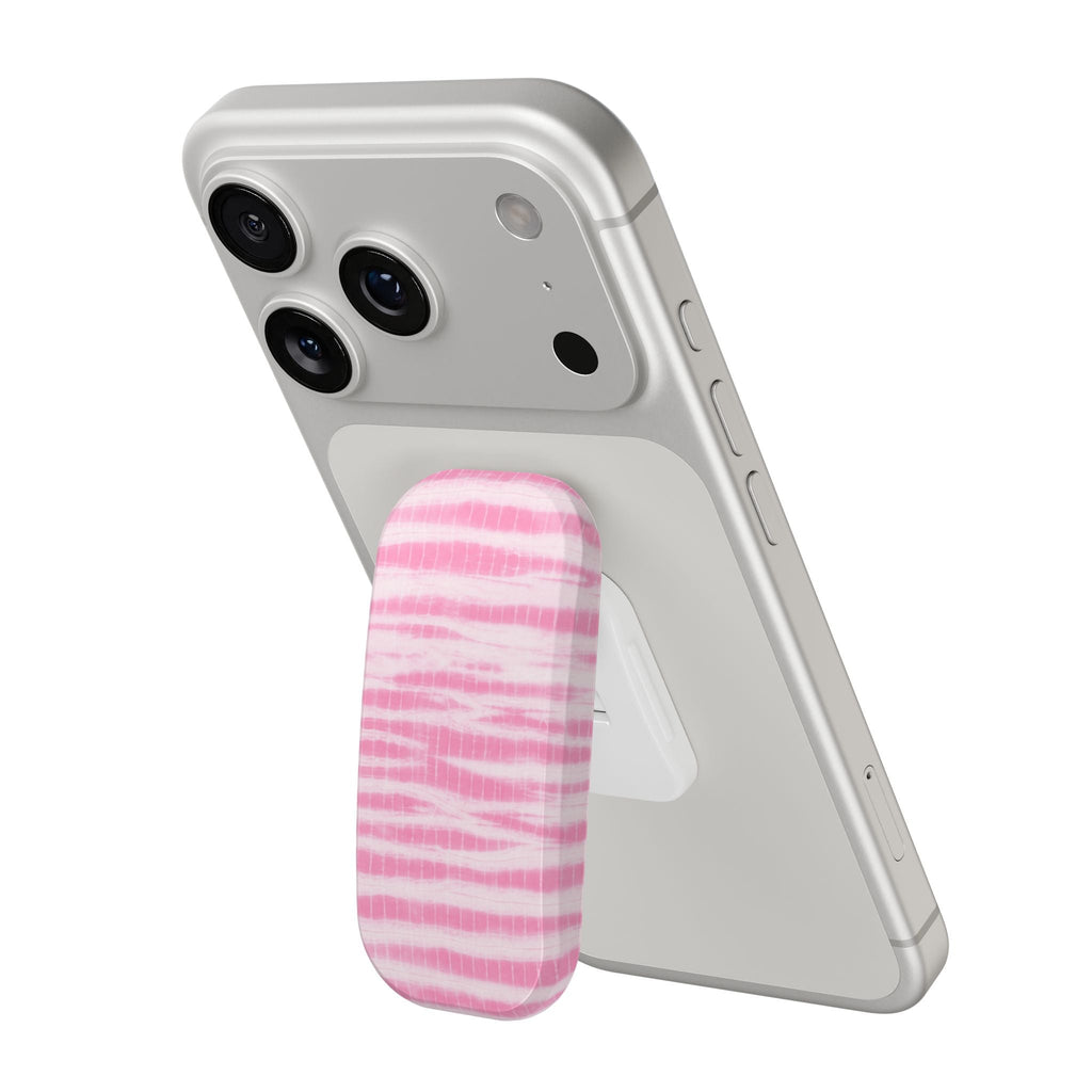 Phone case with pink-and-white striped grip attachment and camera cutouts