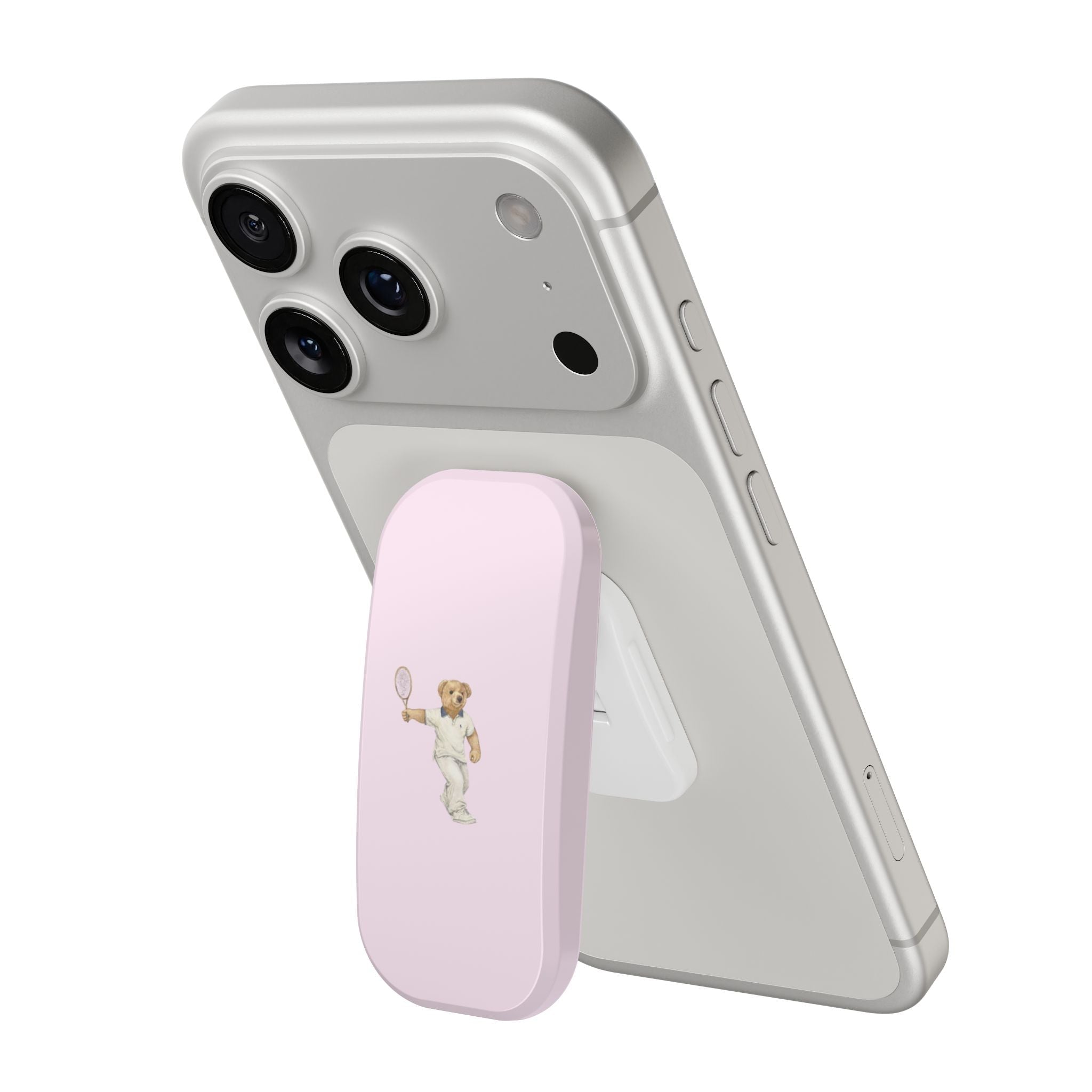 Pink grip attachment and back phone case with teddy bear tennis racket graphic