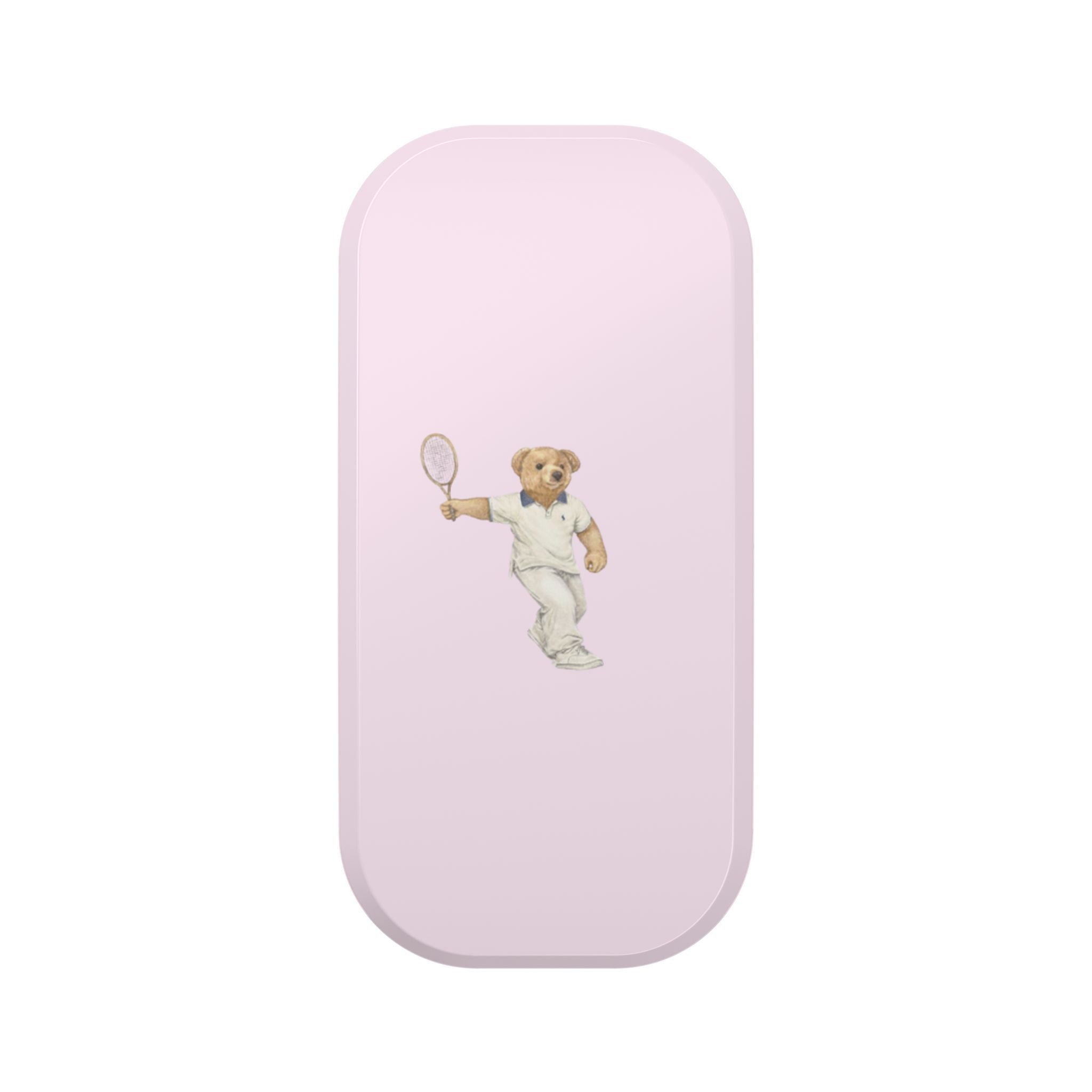 Pink phone case with baby teddy bear tennis racket graphic on arched back
